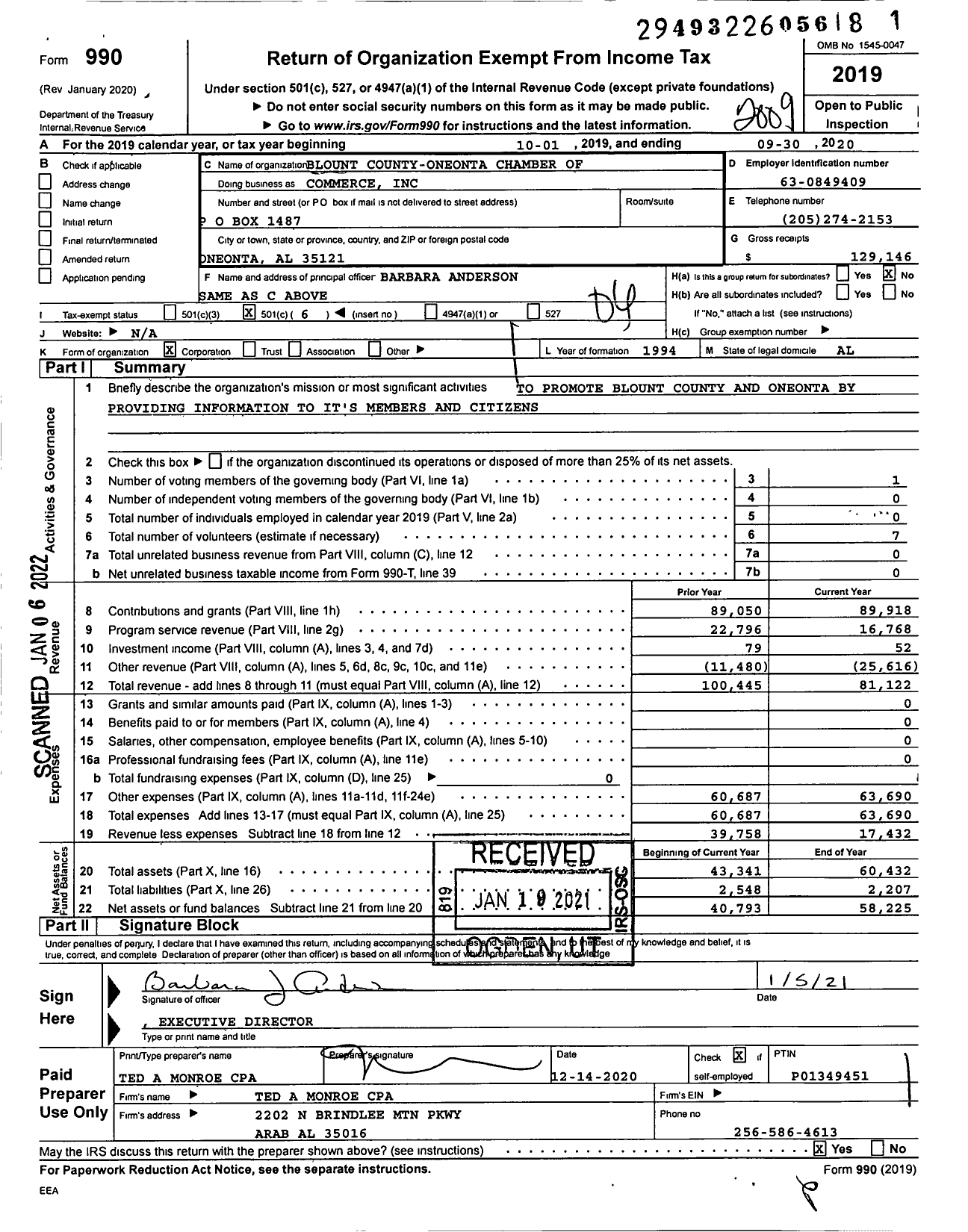 Image of first page of 2019 Form 990O for Blount County-Oneonta Chamber of Commerce