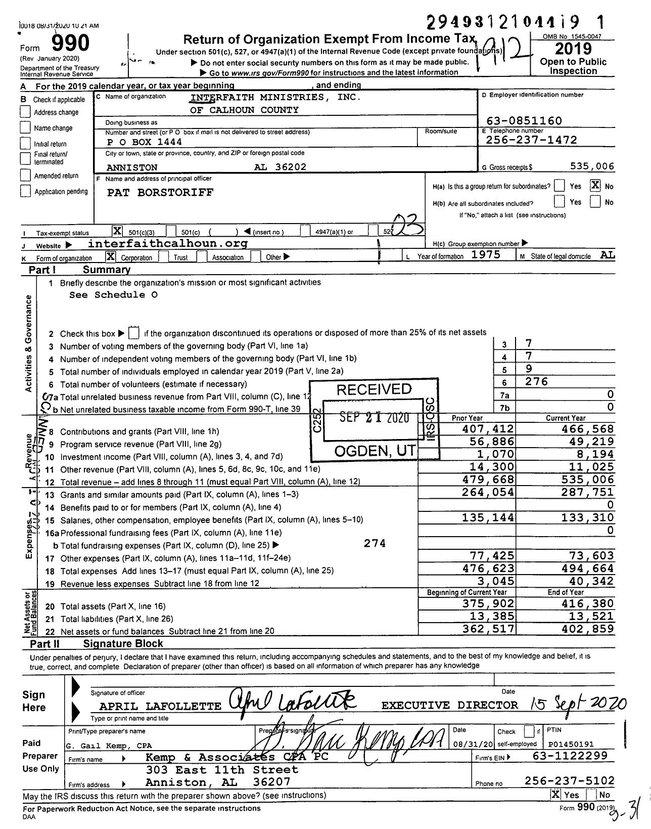 Image of first page of 2019 Form 990 for Interfaith Ministries of Calhoun County