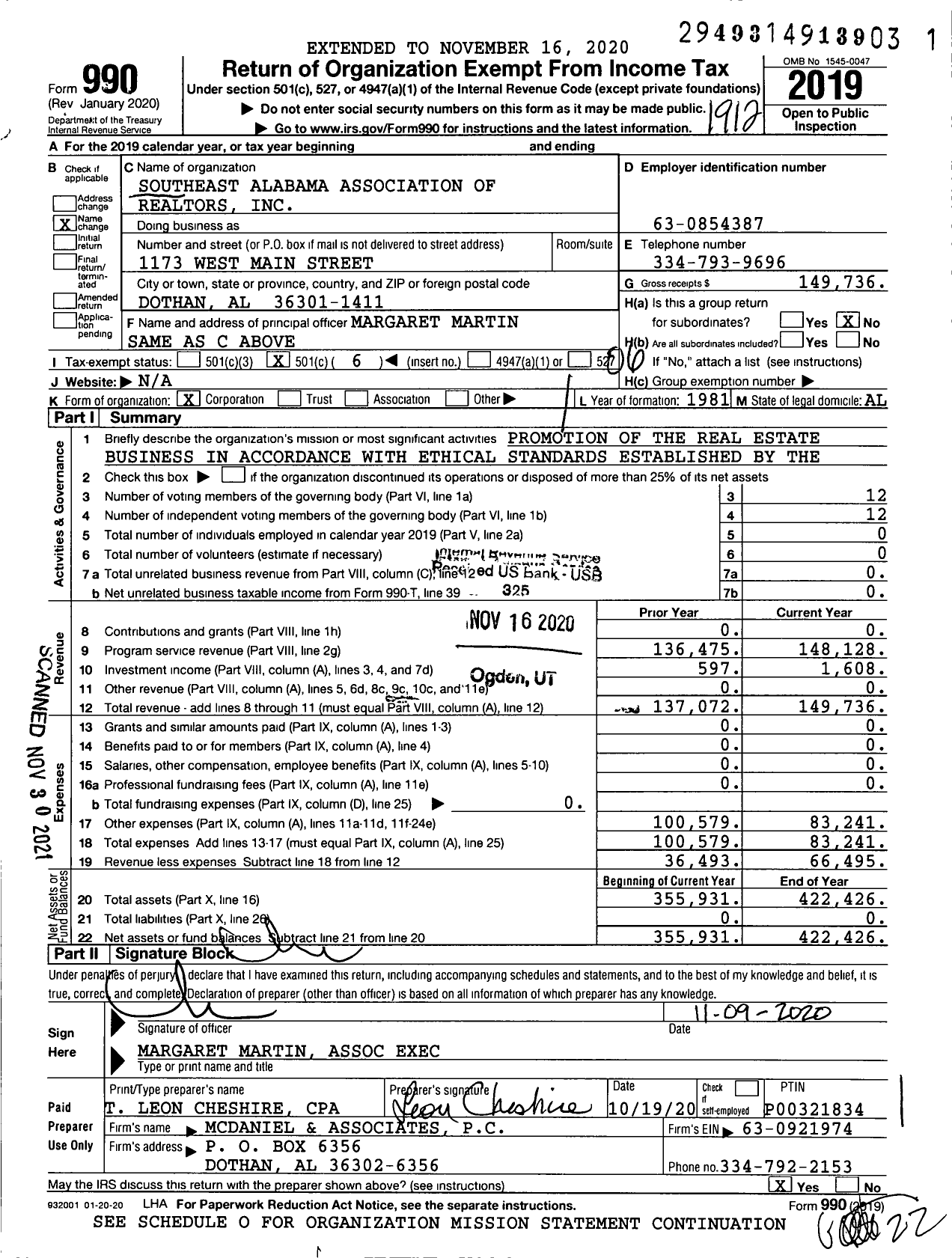 Image of first page of 2019 Form 990O for Southeast Alabama Association of Realtors