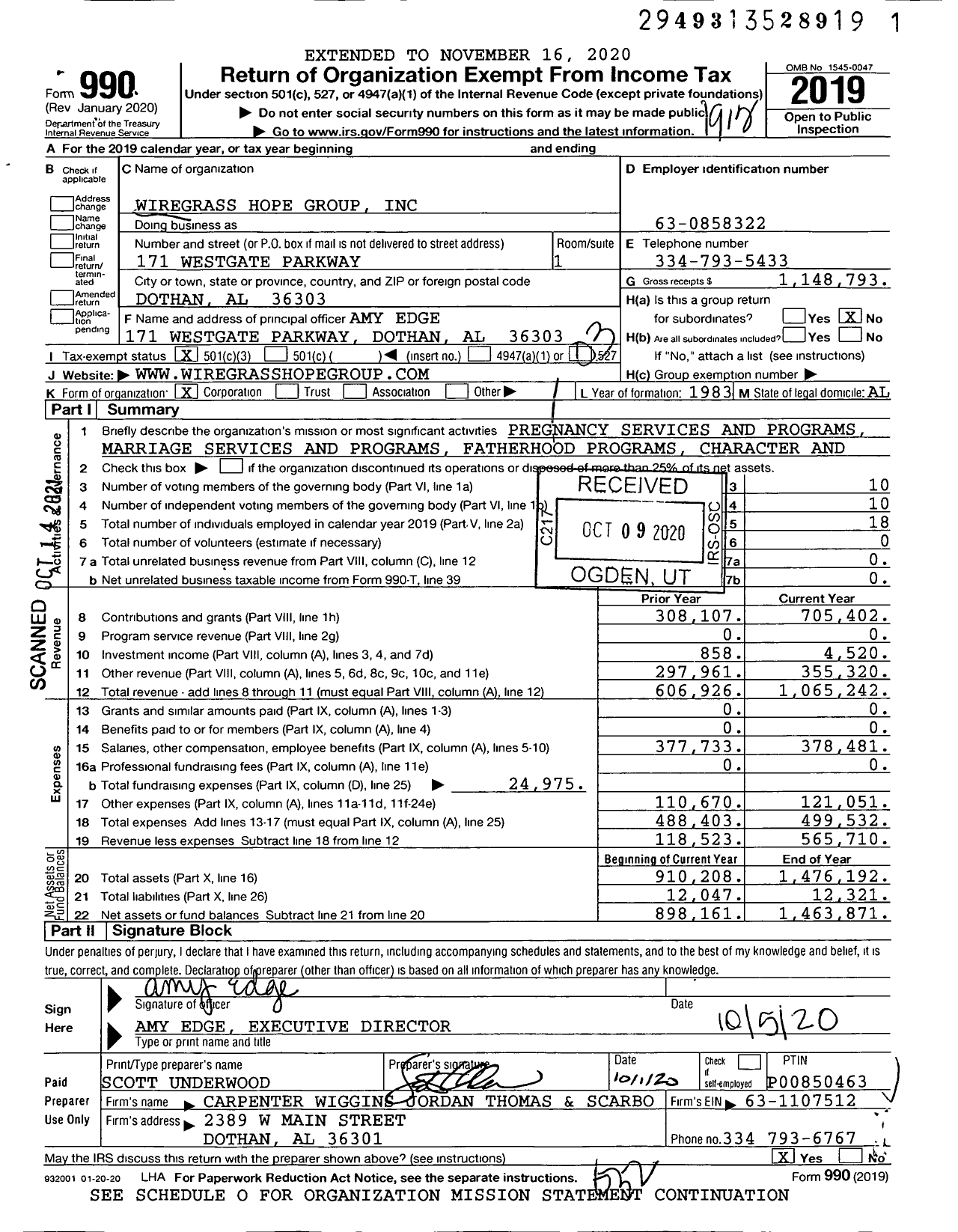 Image of first page of 2019 Form 990 for Wiregrass Hope Group