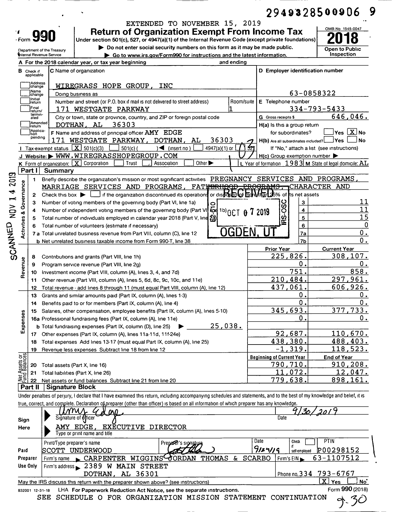 Image of first page of 2018 Form 990 for Wiregrass Hope Group