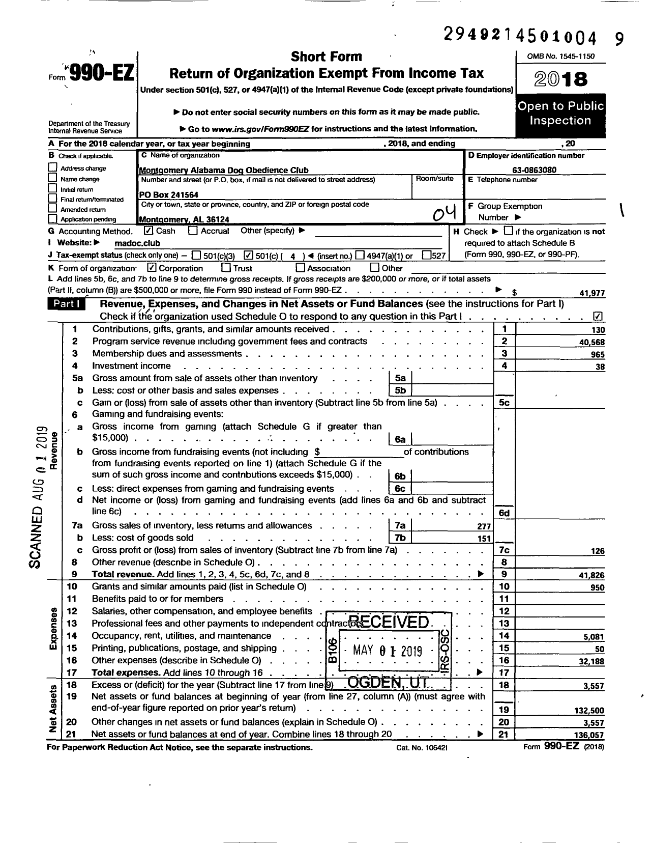 Image of first page of 2018 Form 990EO for Montgomery Alabama Dog Obedience Club