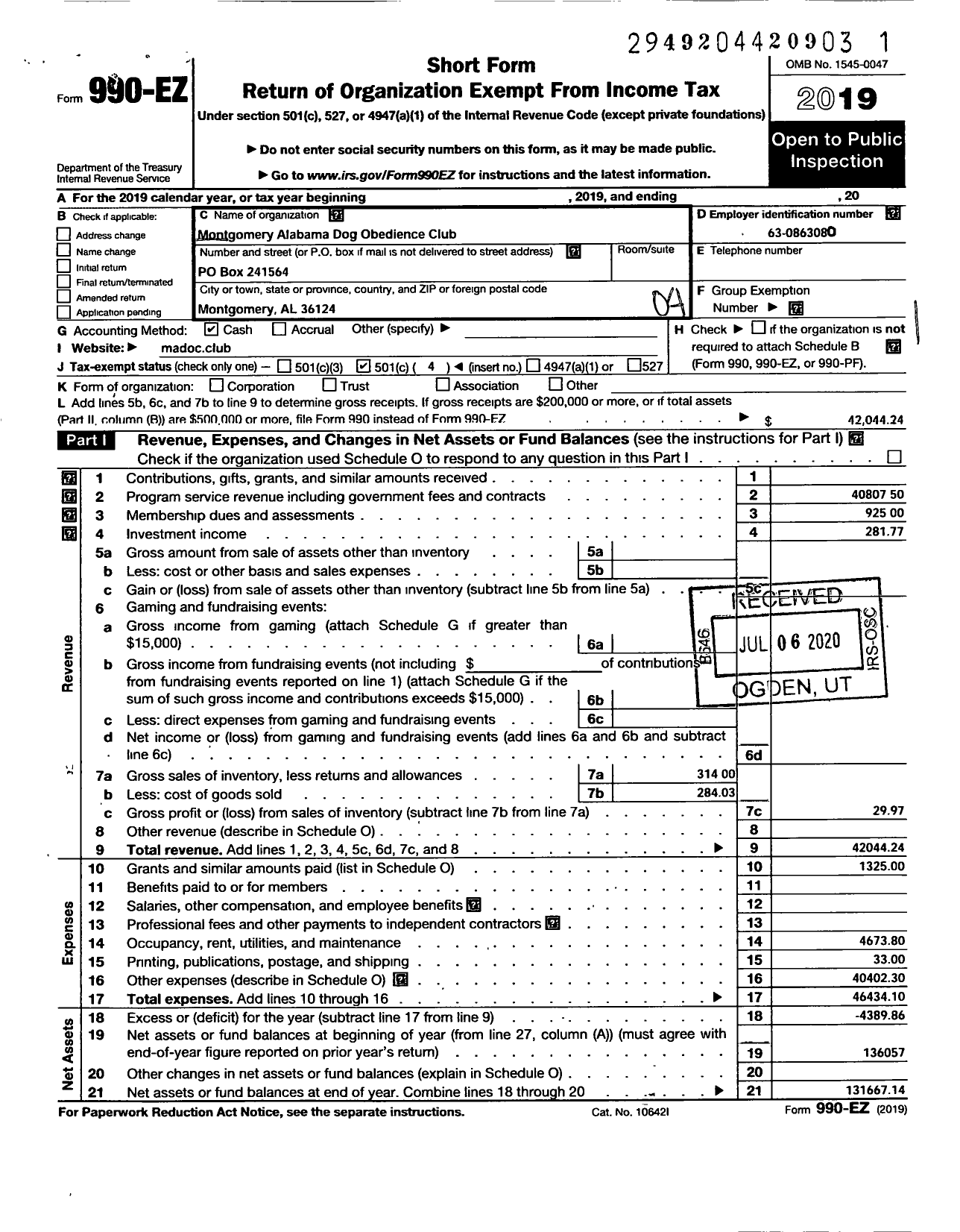 Image of first page of 2019 Form 990EO for Montgomery Alabama Dog Obedience Club