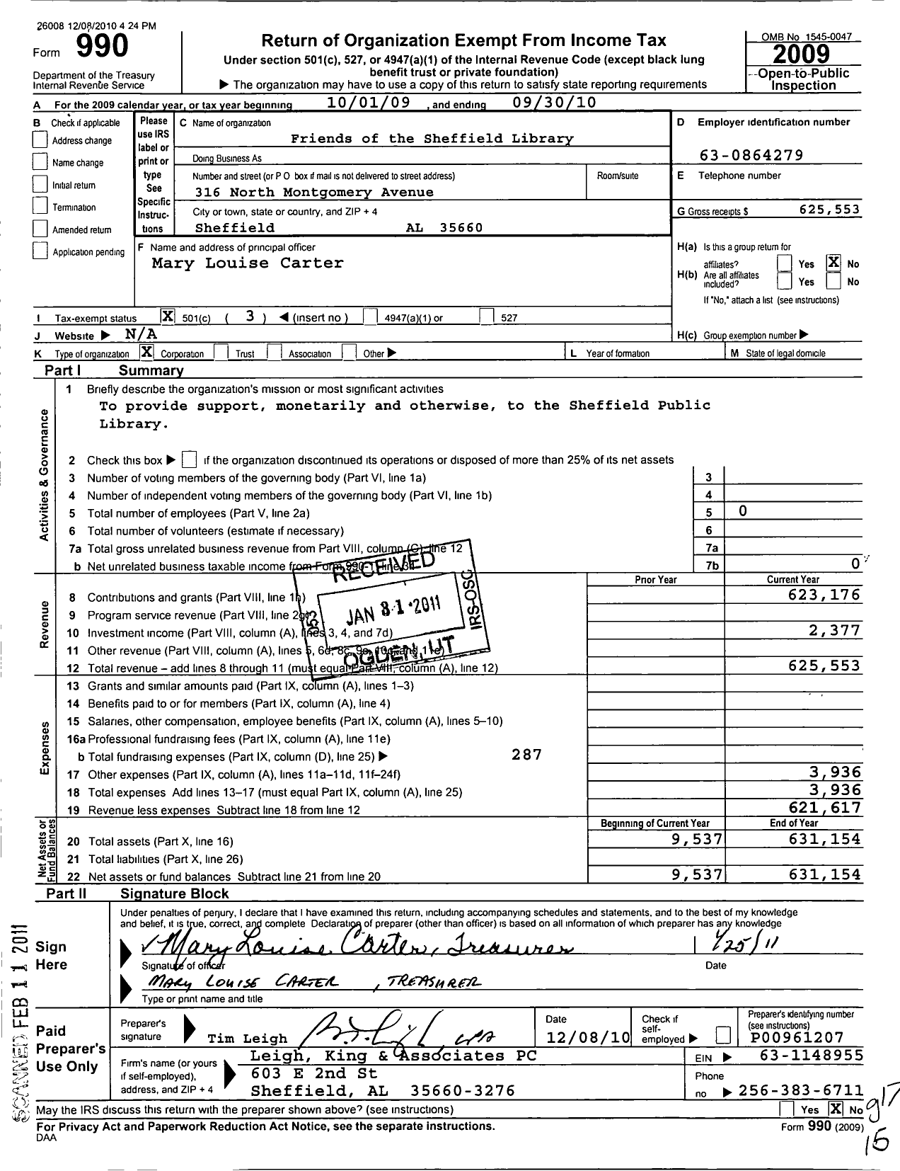 Image of first page of 2009 Form 990 for Friends of the Sheffield Library