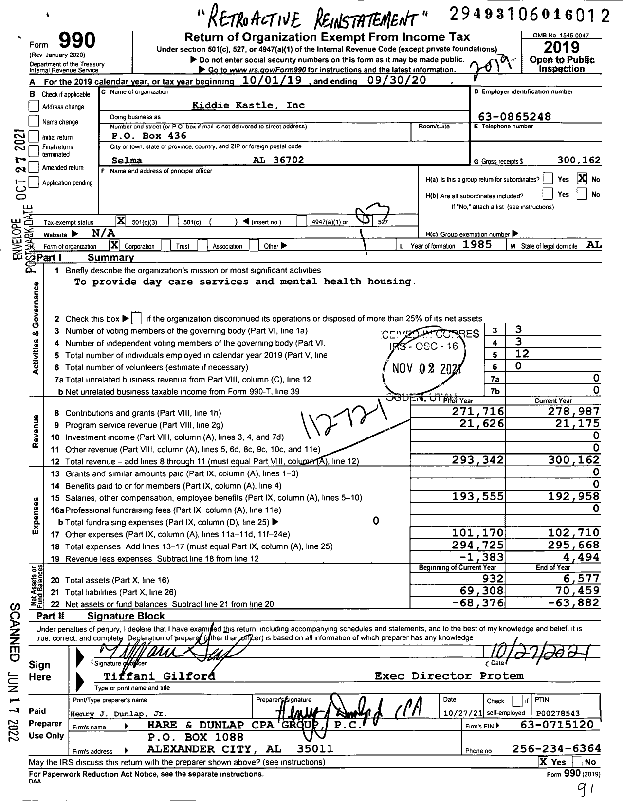 Image of first page of 2019 Form 990 for Kiddie Kastle