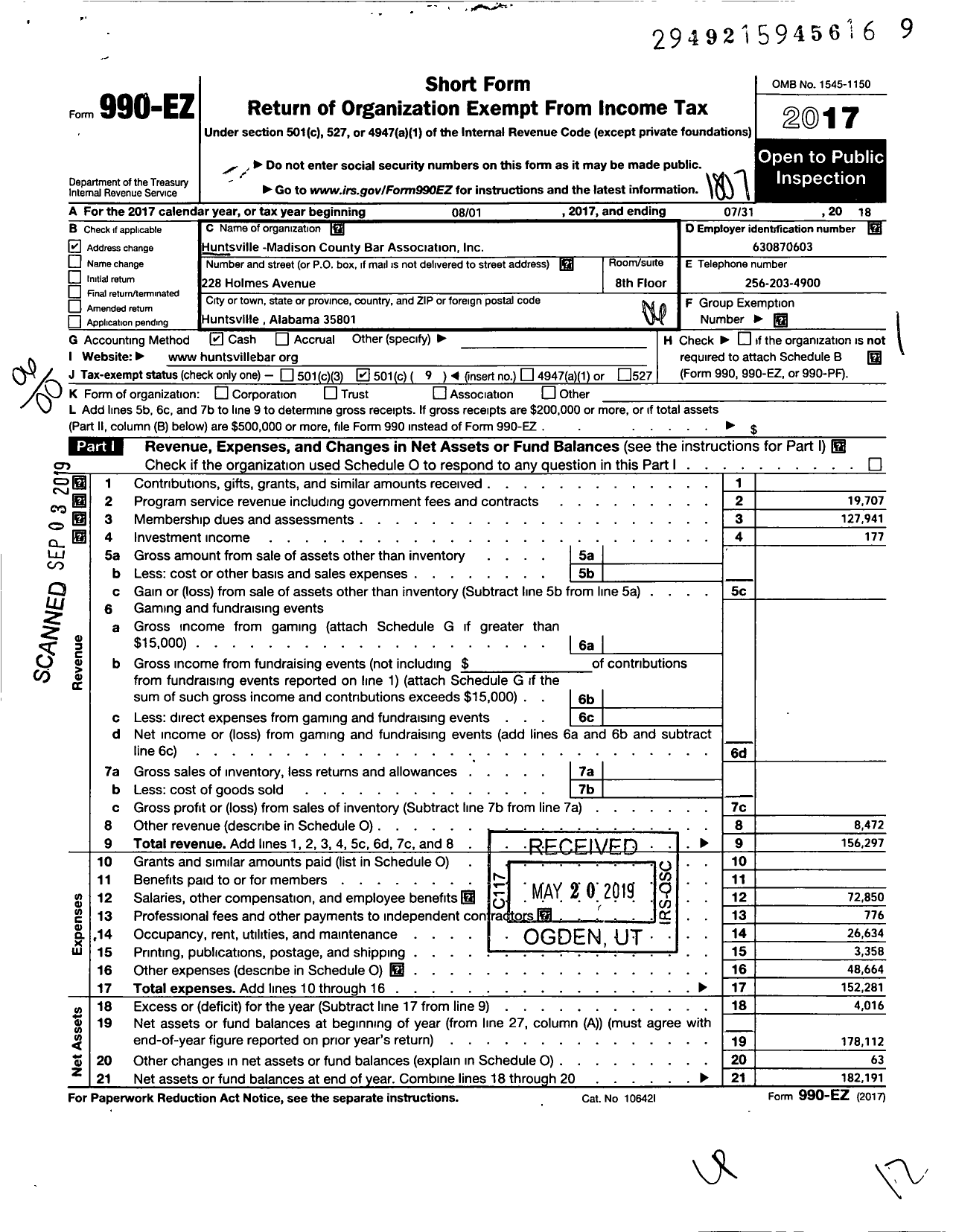 Image of first page of 2017 Form 990EO for Huntsville Madison Bar Association