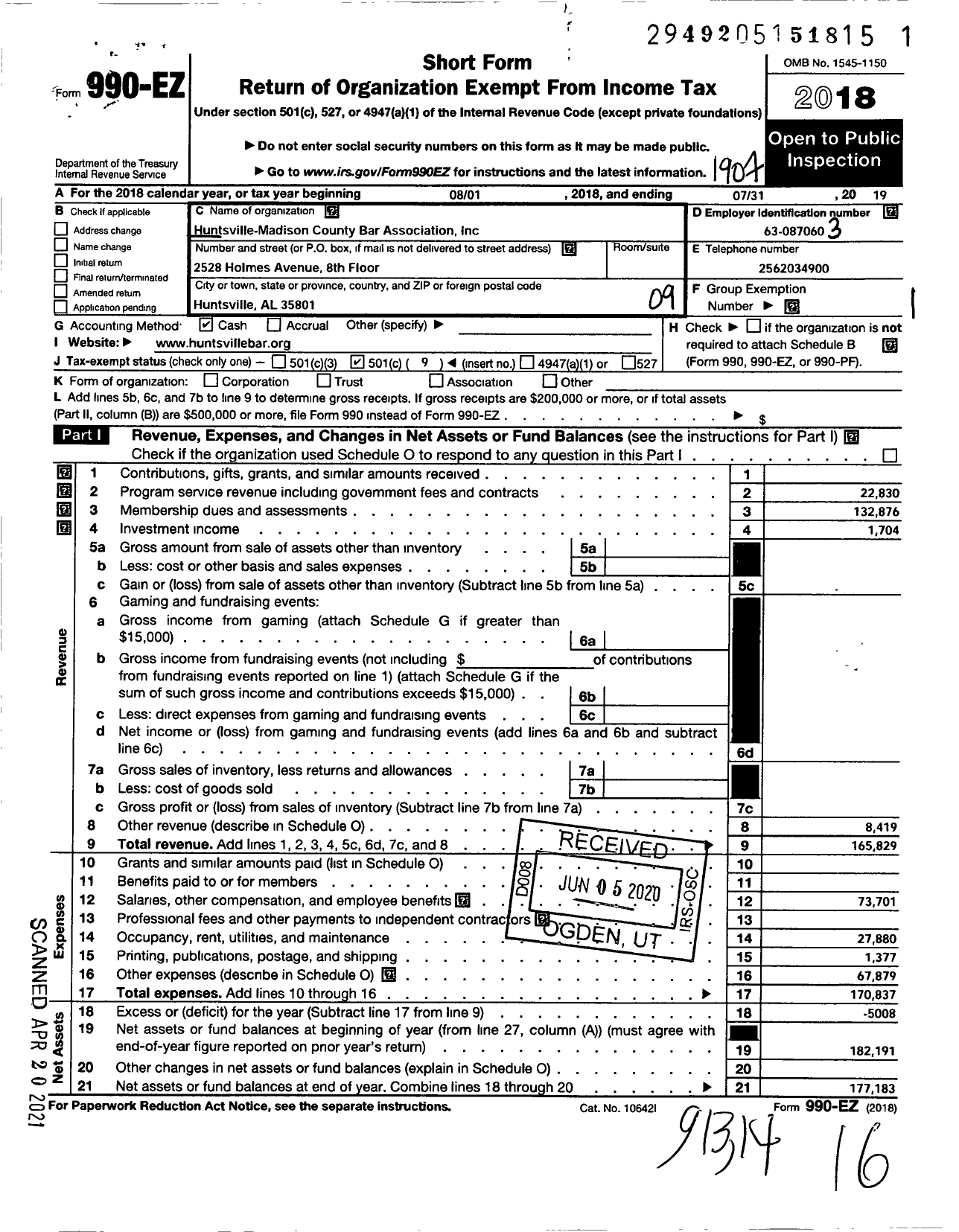 Image of first page of 2018 Form 990EO for Huntsville Madison Bar Association