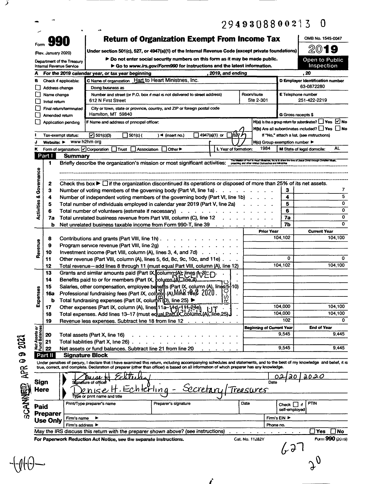 Image of first page of 2019 Form 990 for Hart To Heart Ministries