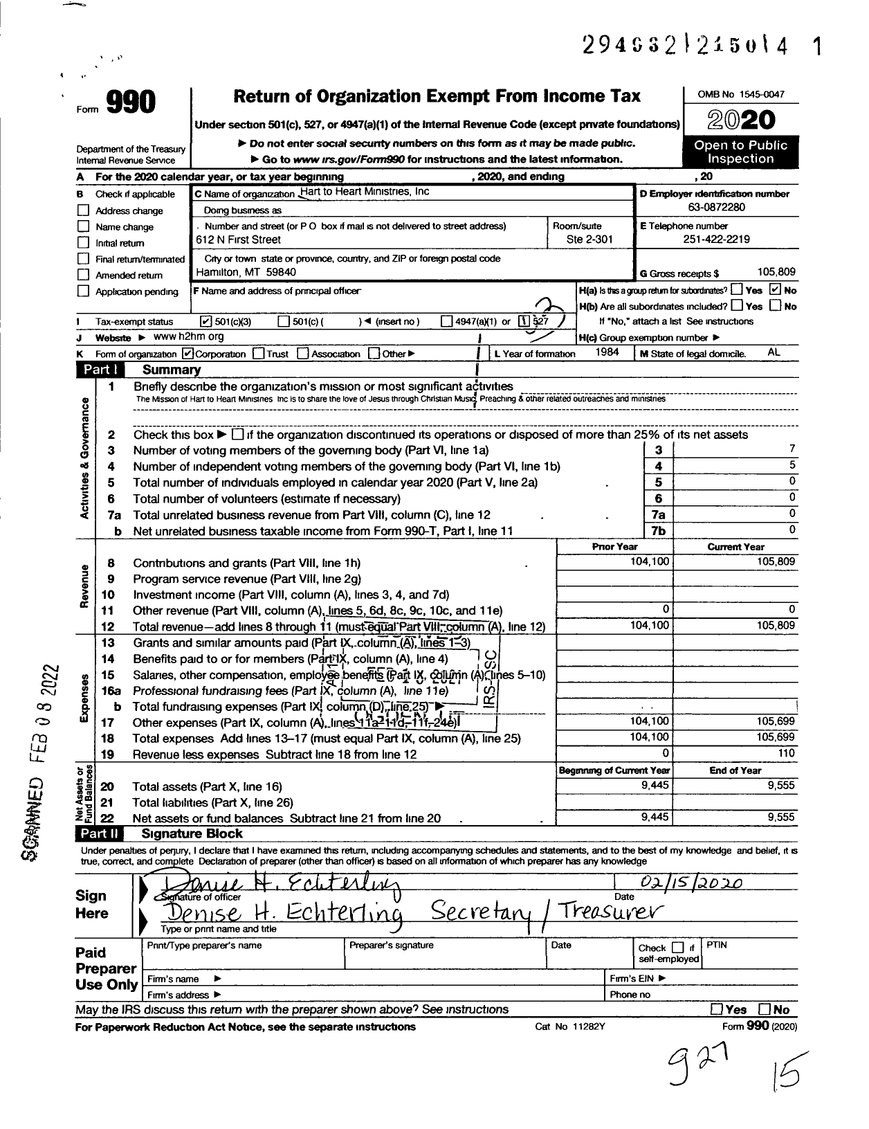 Image of first page of 2020 Form 990 for Hart To Heart Ministries