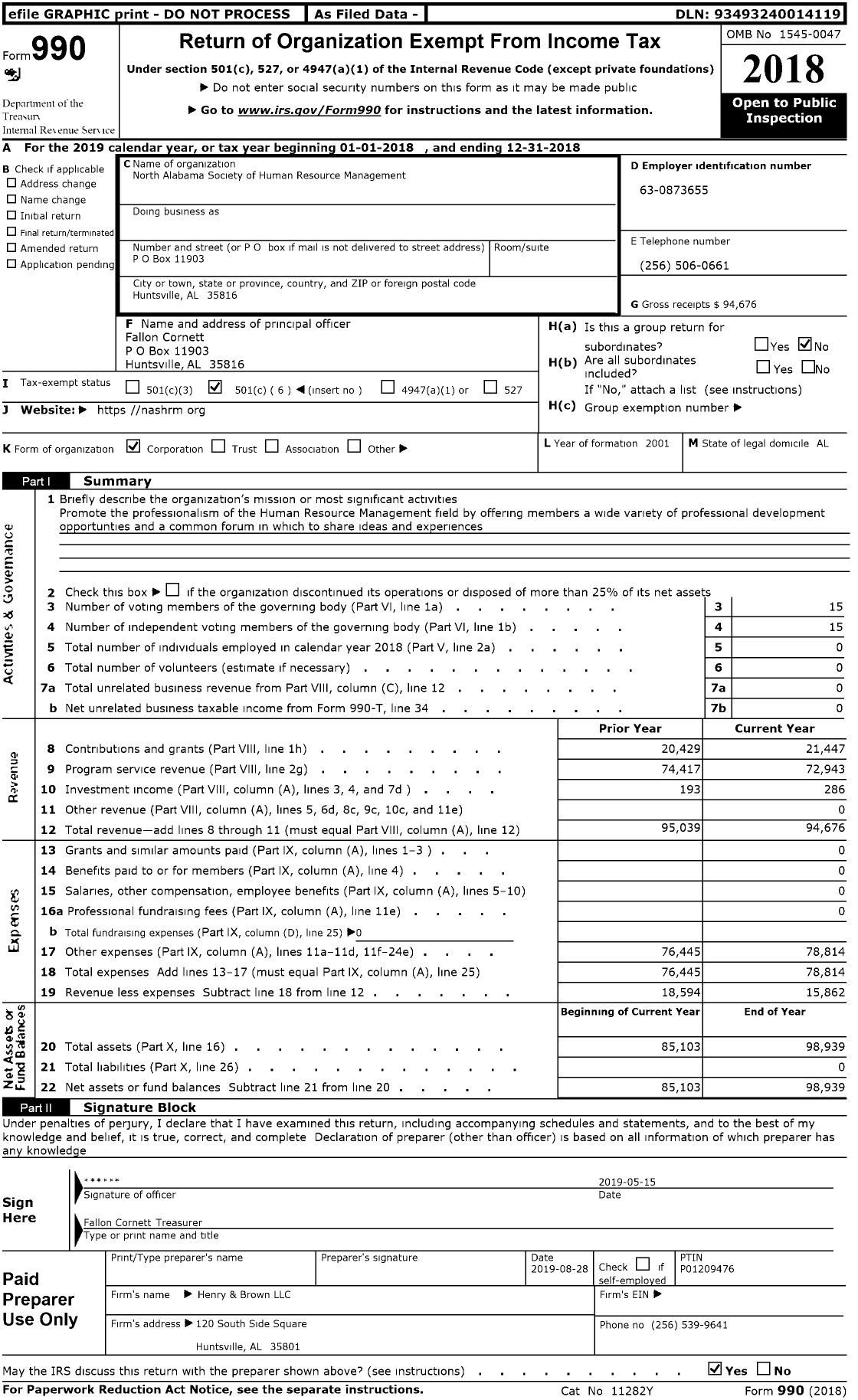 Image of first page of 2018 Form 990O for North Alabama Society for Human Resources Management