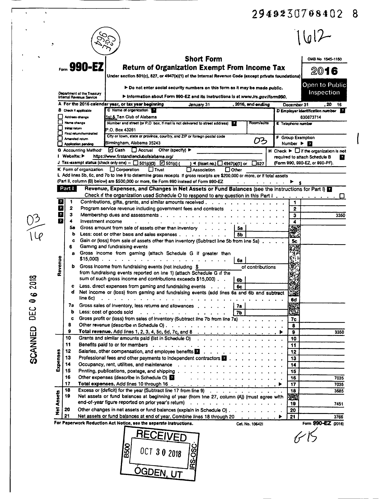 Image of first page of 2016 Form 990EZ for 1st and Ten Club of Alabama