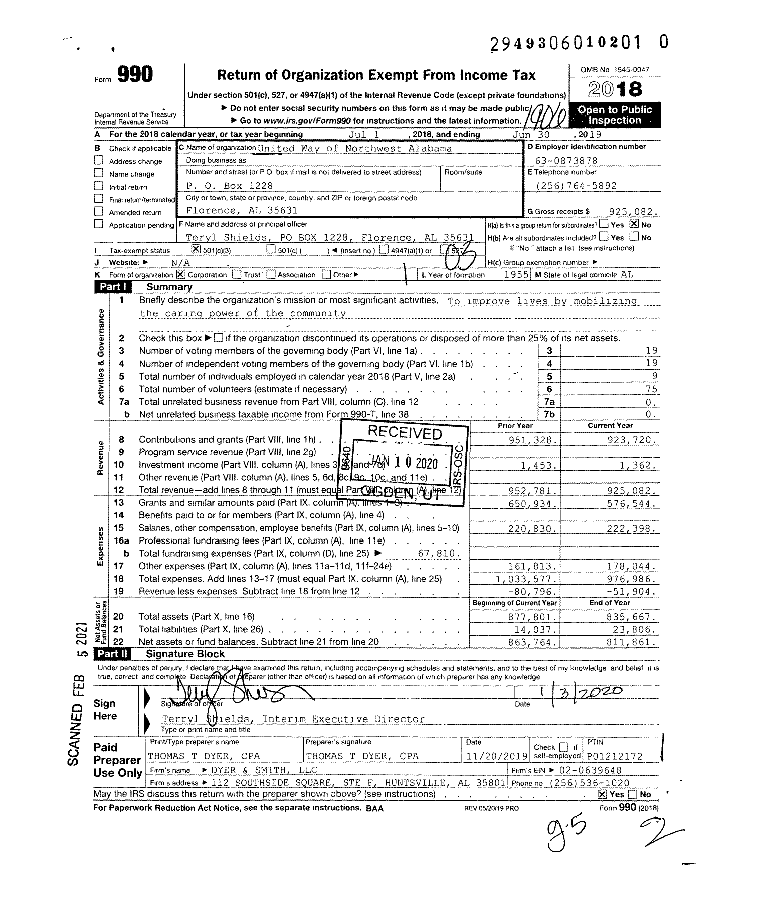 Image of first page of 2018 Form 990 for United Way of Northwest Alabama