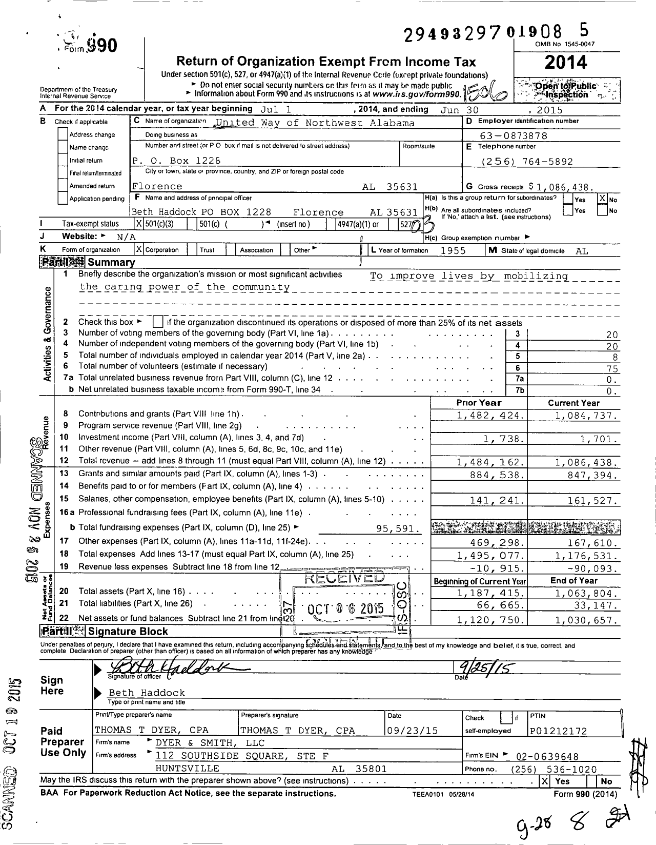 Image of first page of 2014 Form 990 for United Way of Northwest Alabama