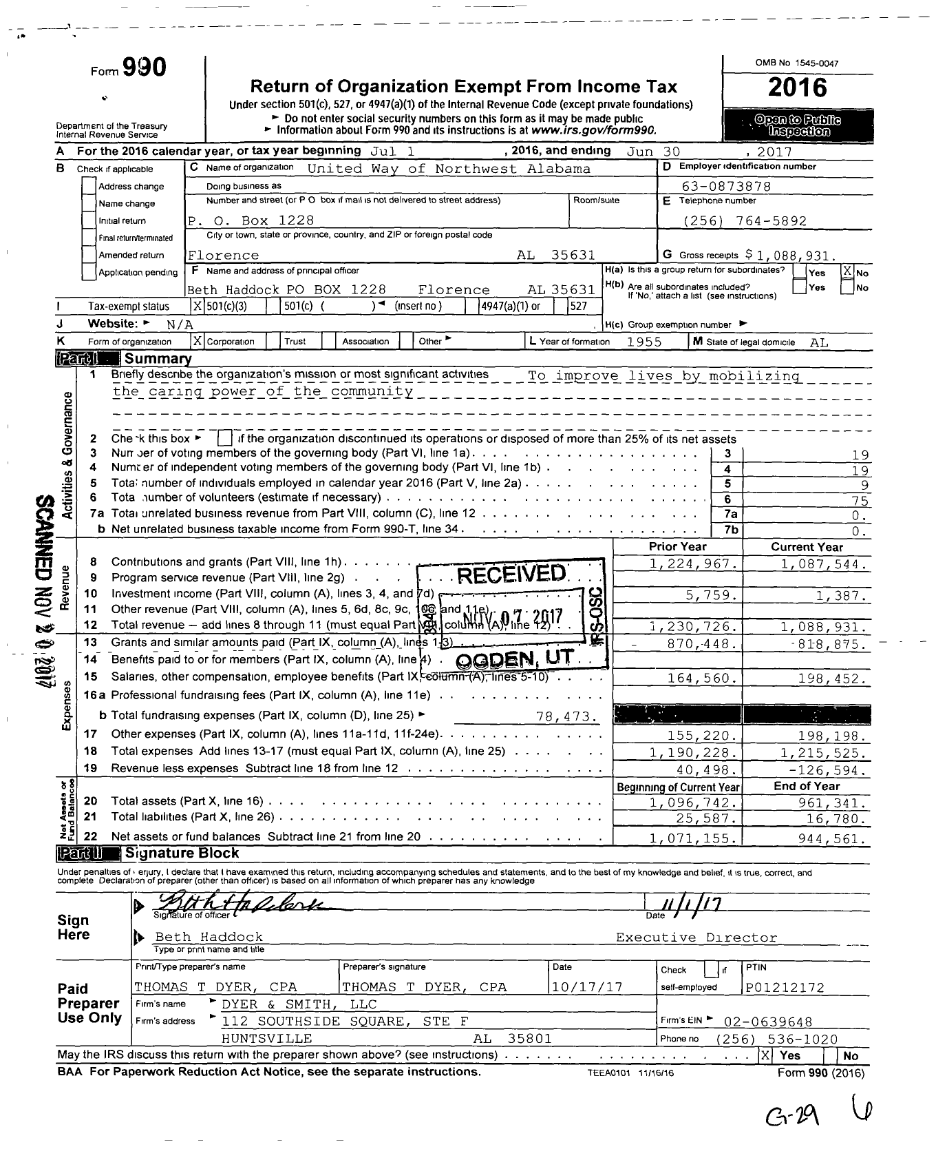 Image of first page of 2016 Form 990 for United Way of Northwest Alabama