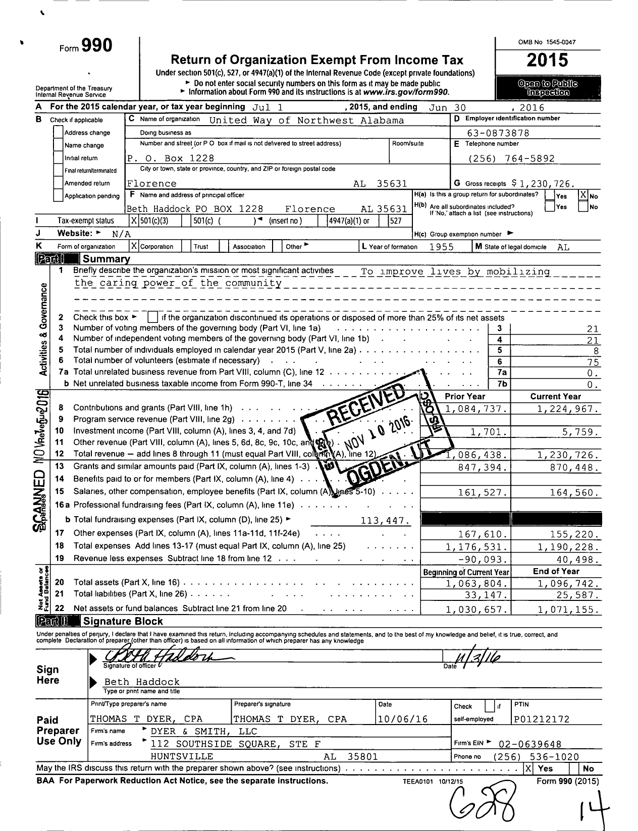 Image of first page of 2015 Form 990 for United Way of Northwest Alabama