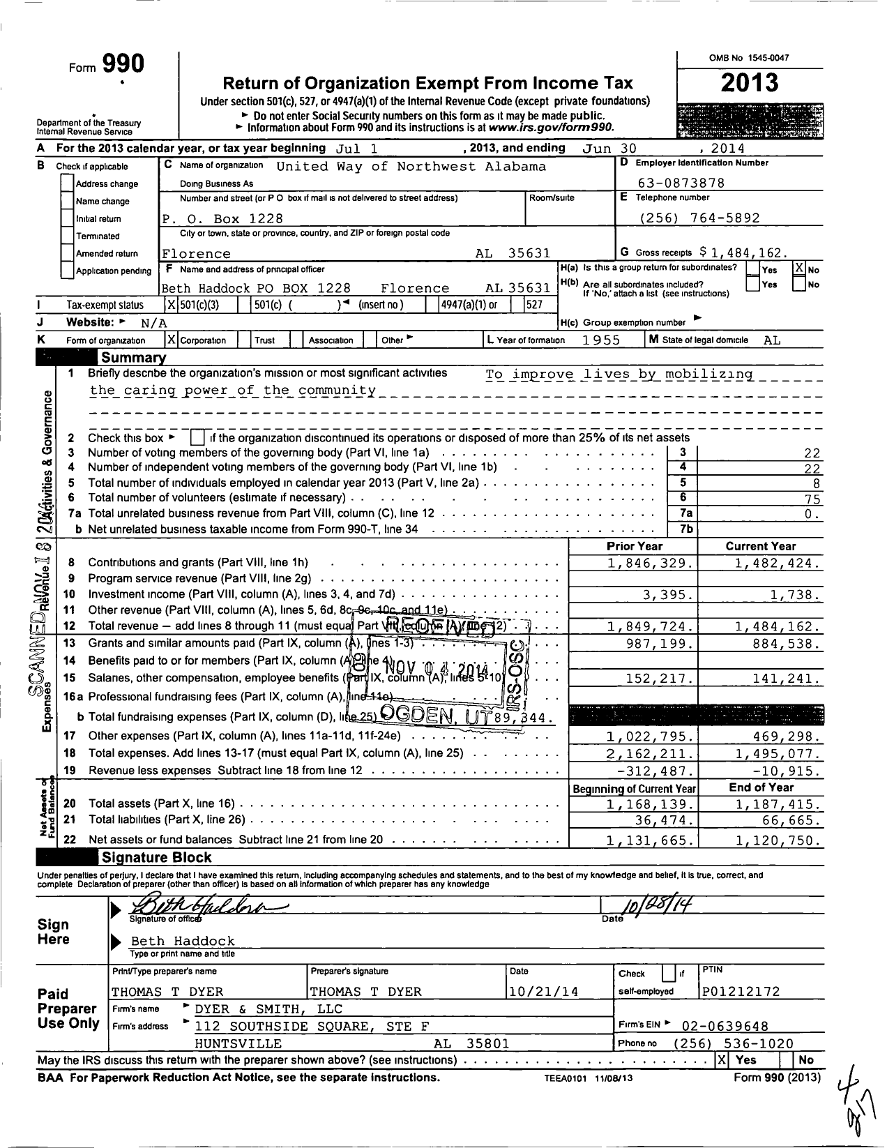 Image of first page of 2013 Form 990 for United Way of Northwest Alabama