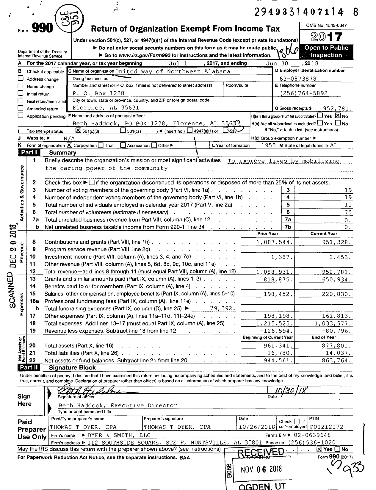 Image of first page of 2017 Form 990 for United Way of Northwest Alabama