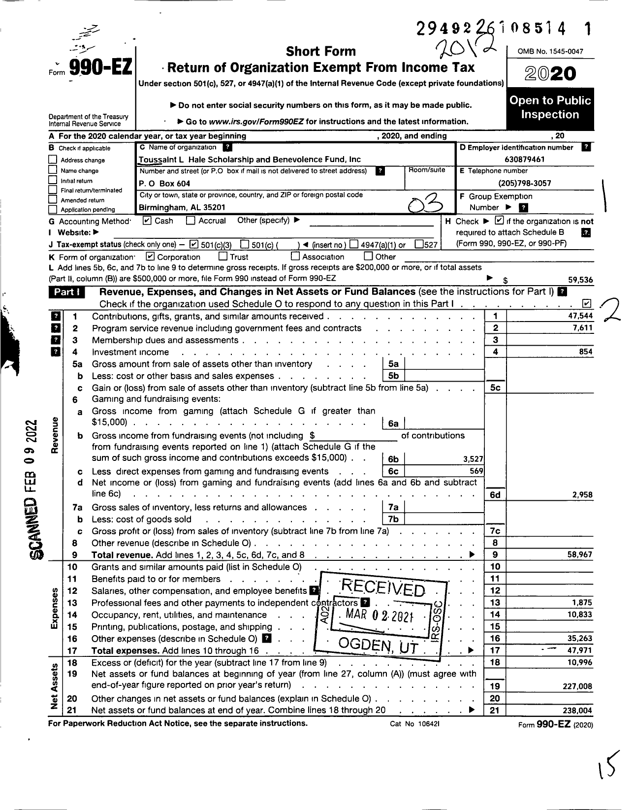 Image of first page of 2020 Form 990EZ for Toussaint L Hale SR Scholarship and Benevolence Fund