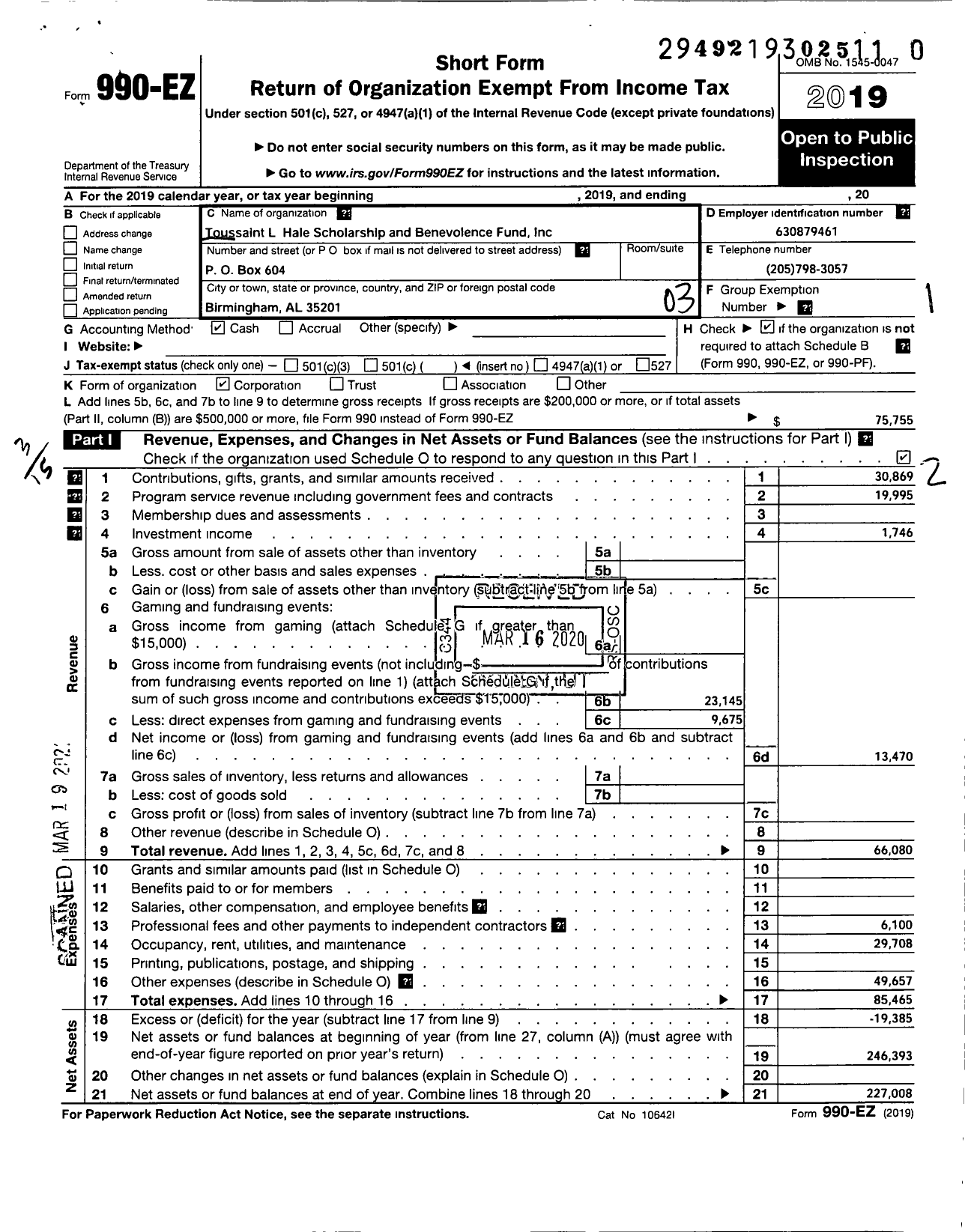 Image of first page of 2019 Form 990EZ for Toussaint L Hale SR Scholarship and Benevolence Fund