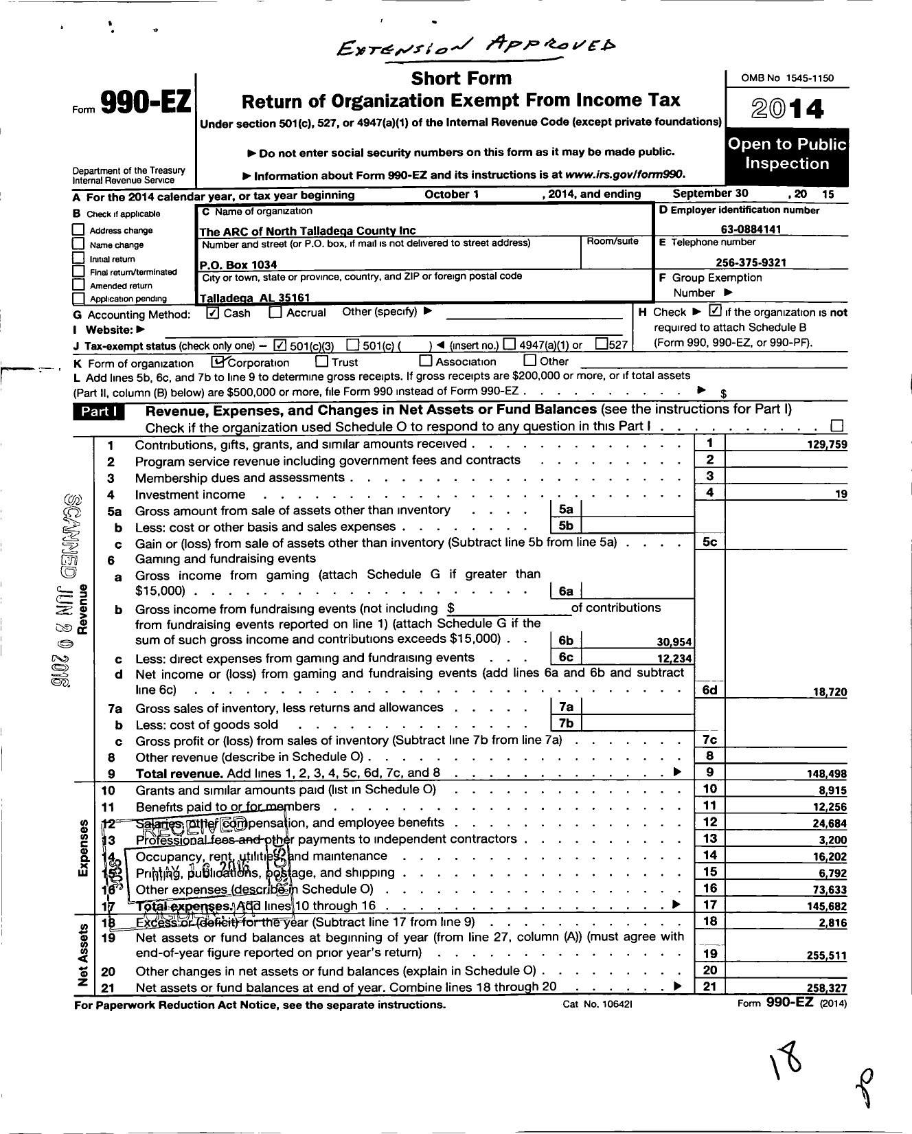 Image of first page of 2014 Form 990EZ for Arc of North Talladega County