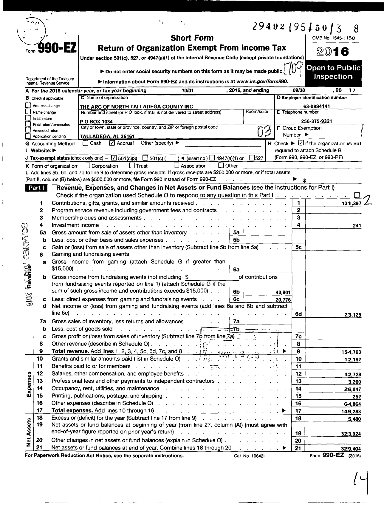 Image of first page of 2016 Form 990EZ for Arc of North Talladega County