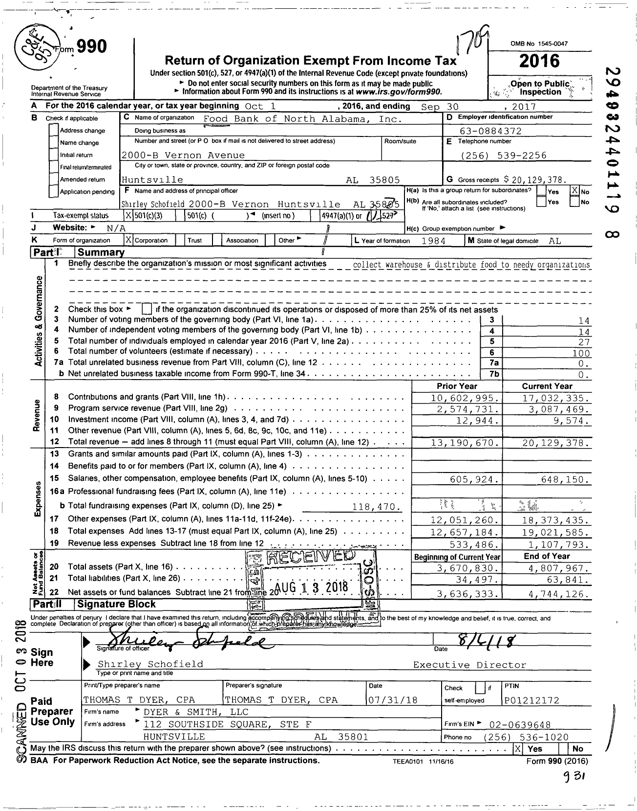 Image of first page of 2016 Form 990 for Food Bank of North Alabama