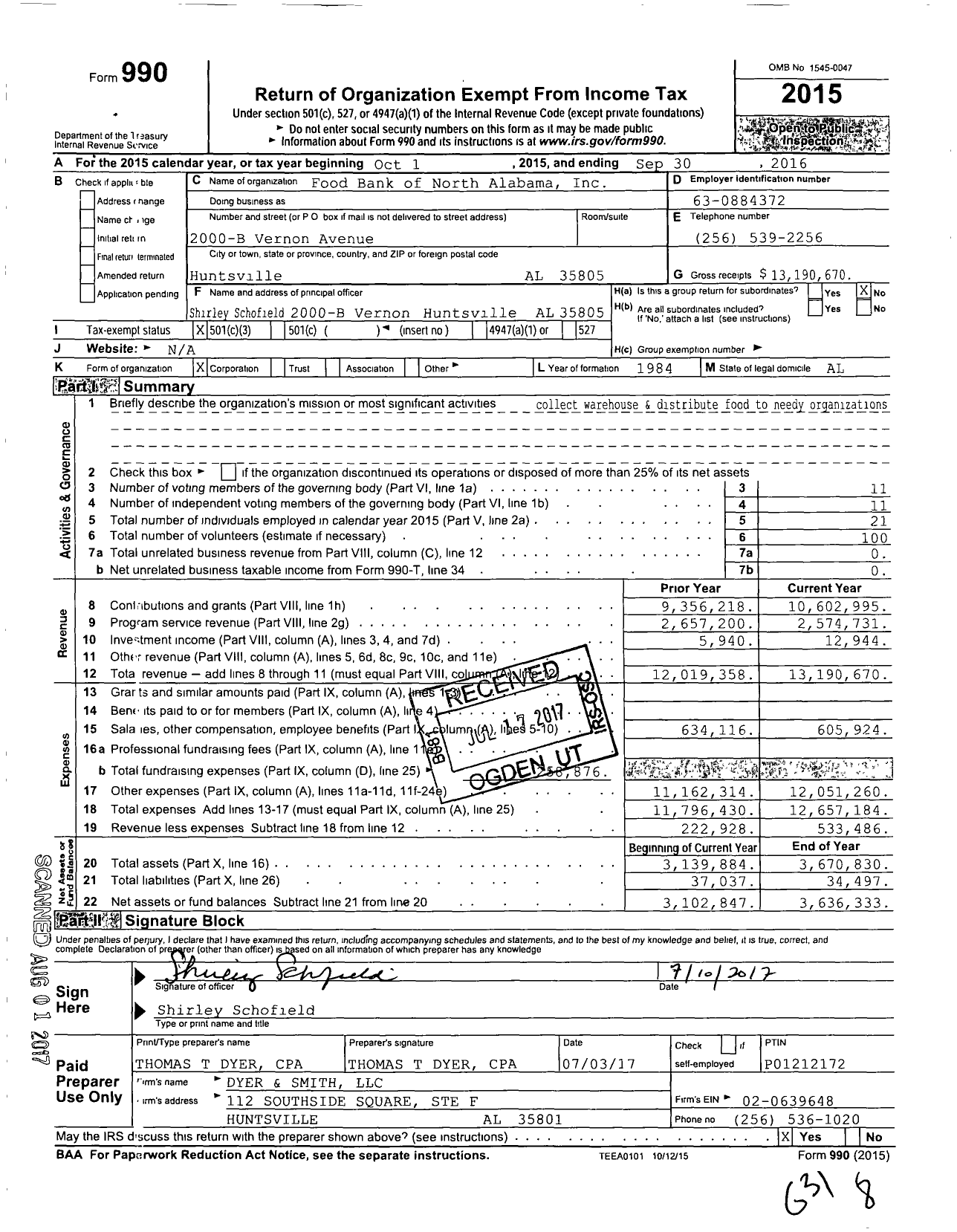 Image of first page of 2015 Form 990 for Food Bank of North Alabama