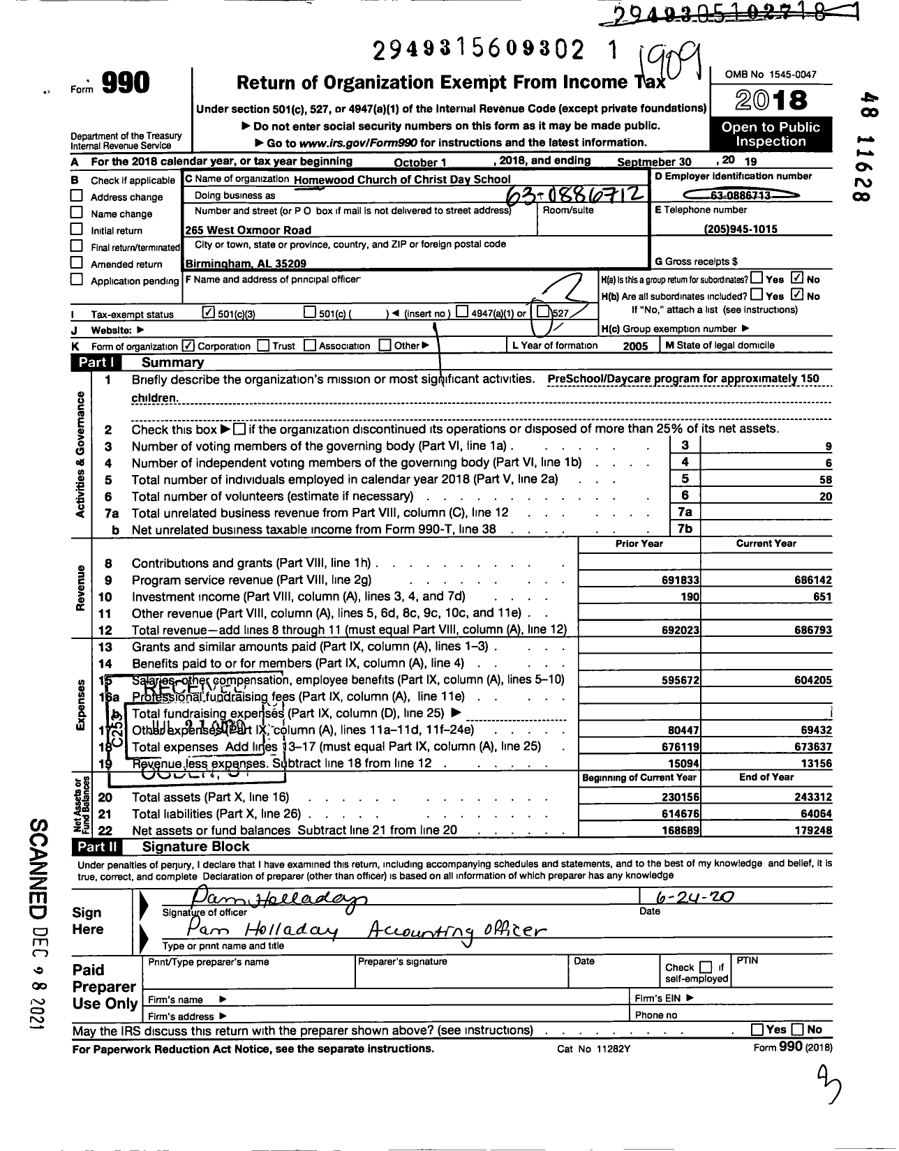 Image of first page of 2018 Form 990 for Homewood Church of Christ Day