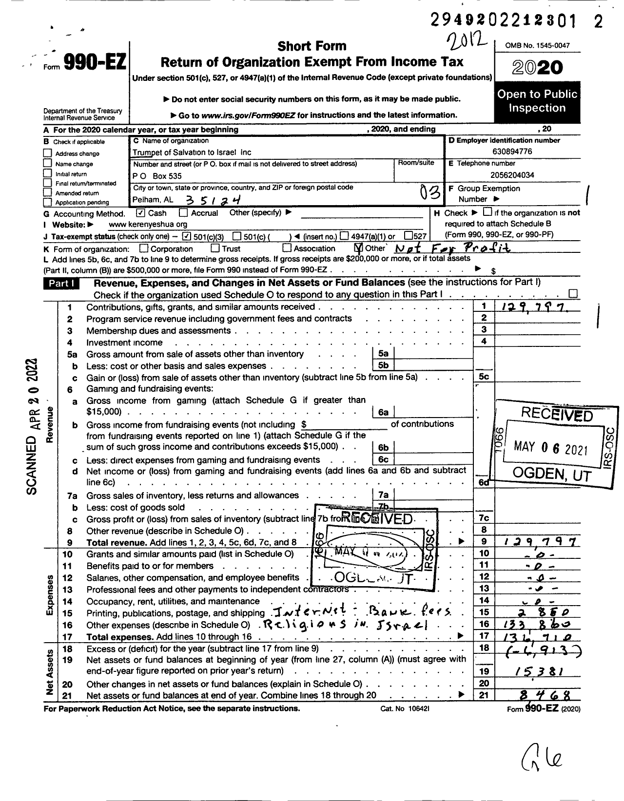 Image of first page of 2020 Form 990EZ for Trumpet of Salvation To Israel