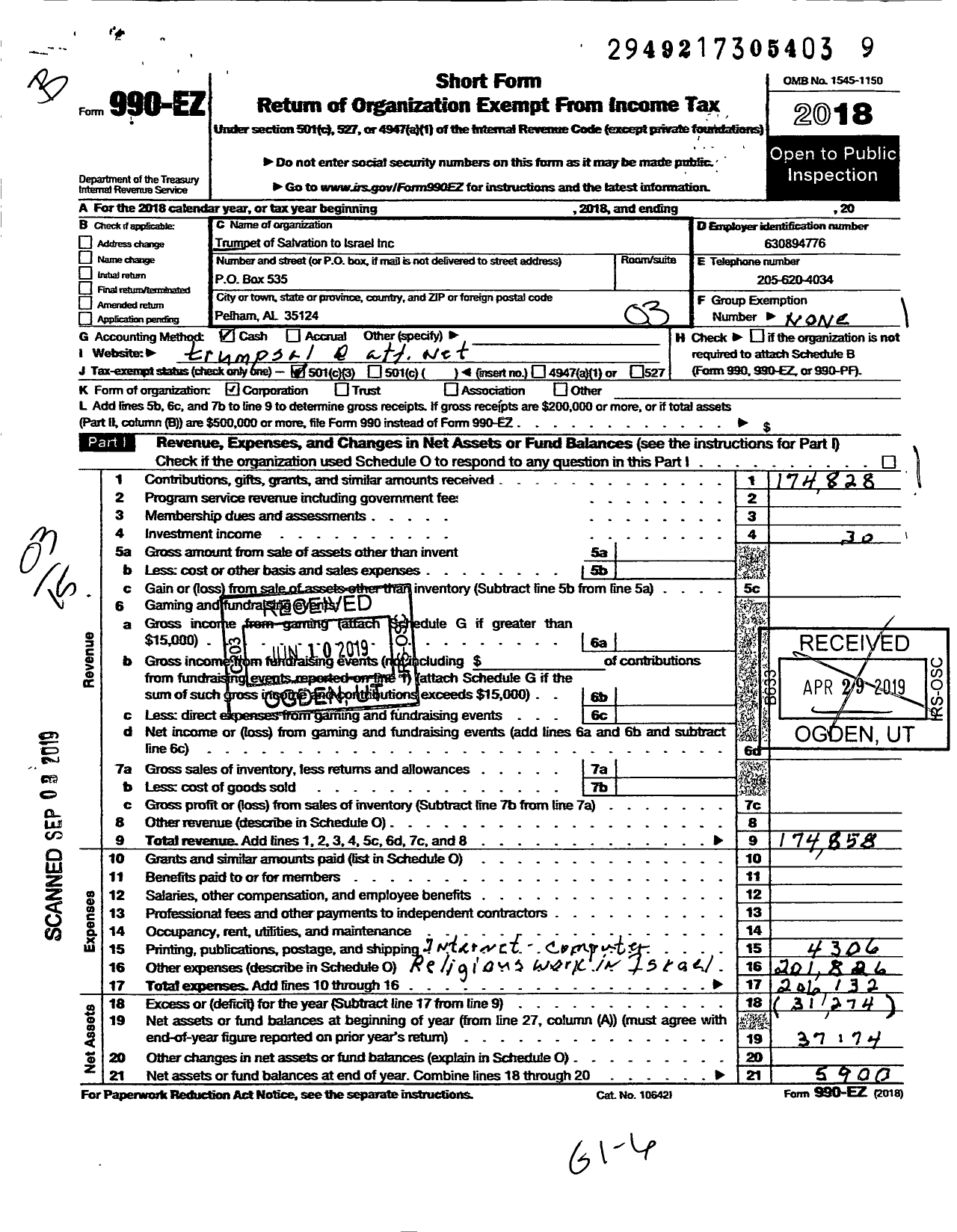 Image of first page of 2018 Form 990EZ for Trumpet of Salvation To Israel