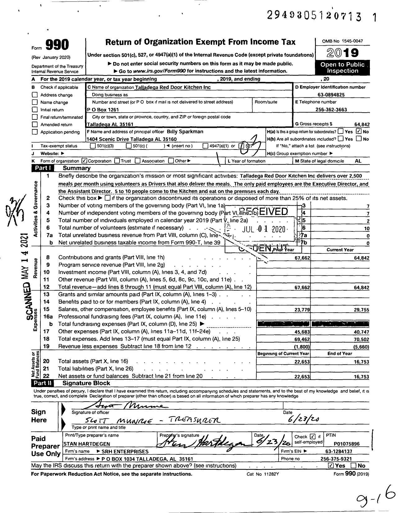 Image of first page of 2019 Form 990 for Talladegas Red Door Kitchen