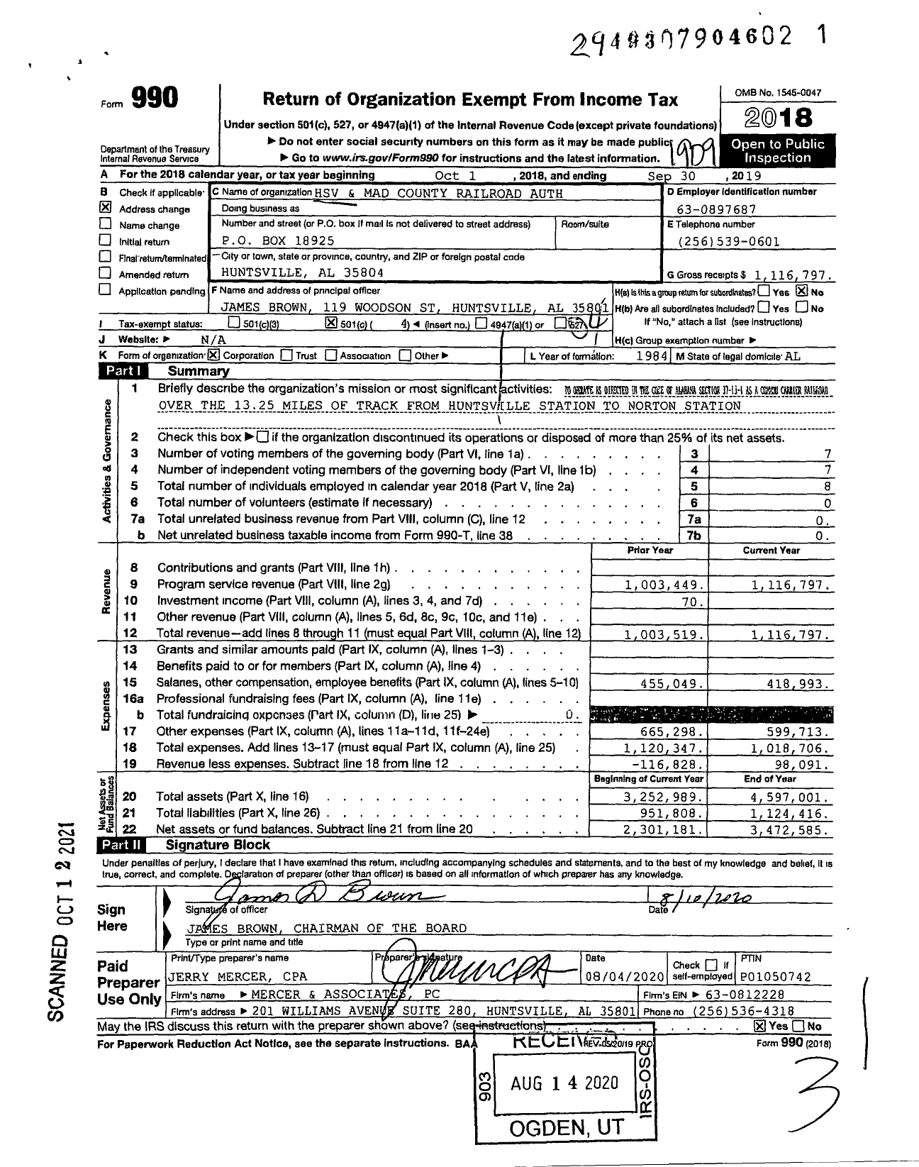 Image of first page of 2018 Form 990O for Huntsville and Madison County Railroad Authority