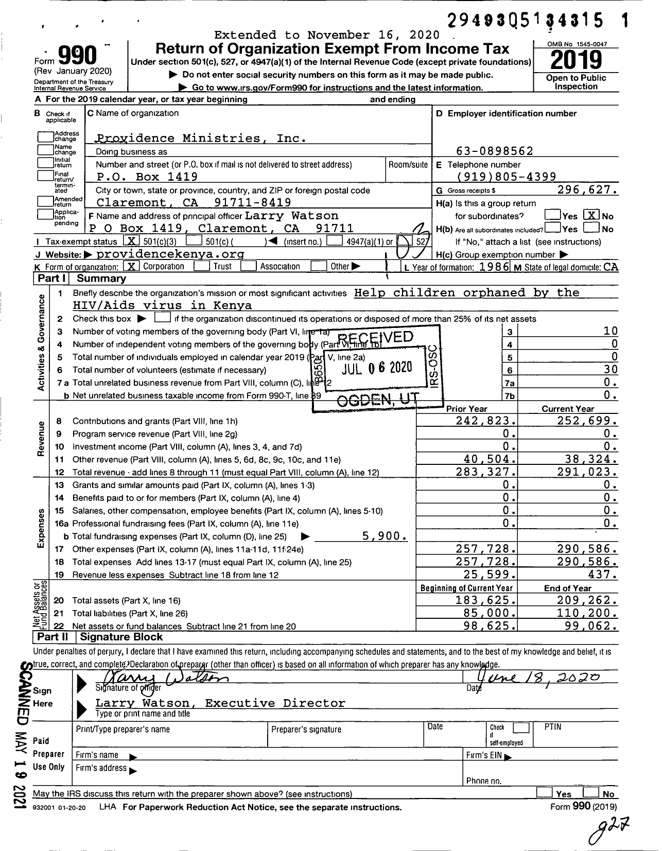 Image of first page of 2019 Form 990 for Providence Ministries