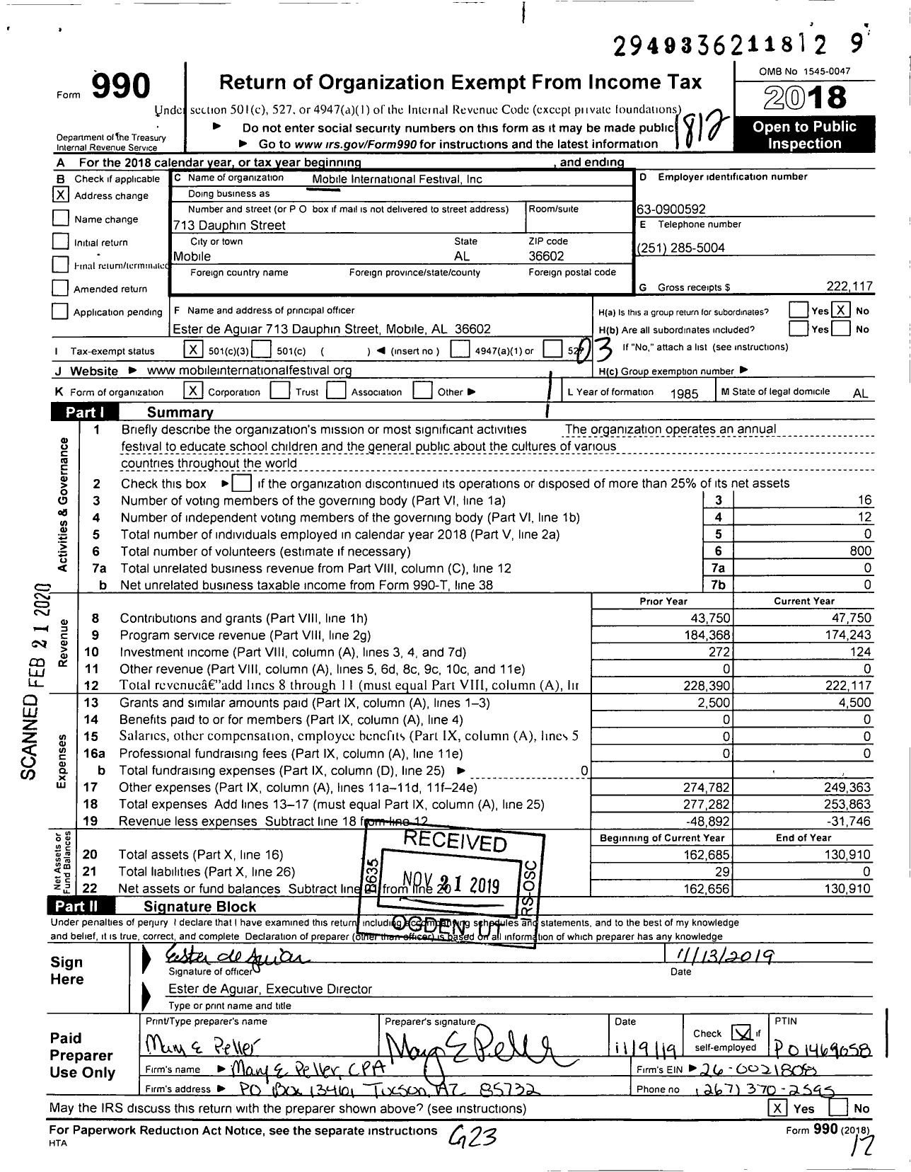 Image of first page of 2018 Form 990 for Mobile International Festival
