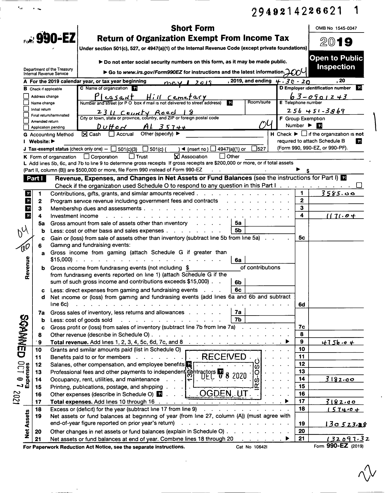 Image of first page of 2019 Form 990EO for Pleasant Hill Cemetary