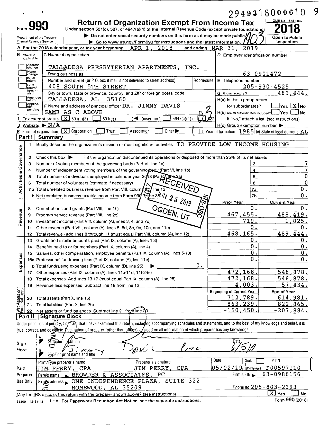 Image of first page of 2018 Form 990 for Talladega Presbyterian Apartments