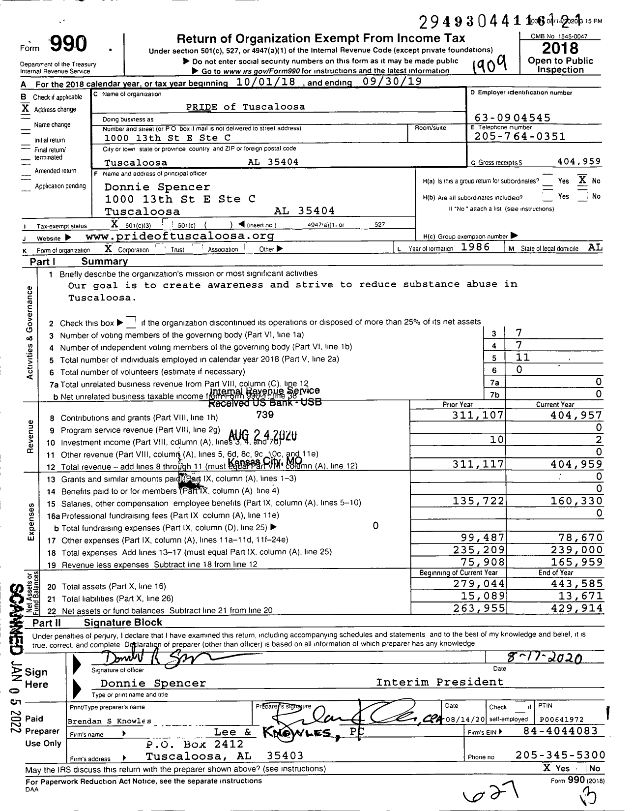 Image of first page of 2018 Form 990 for Pride of Tuscaloosa