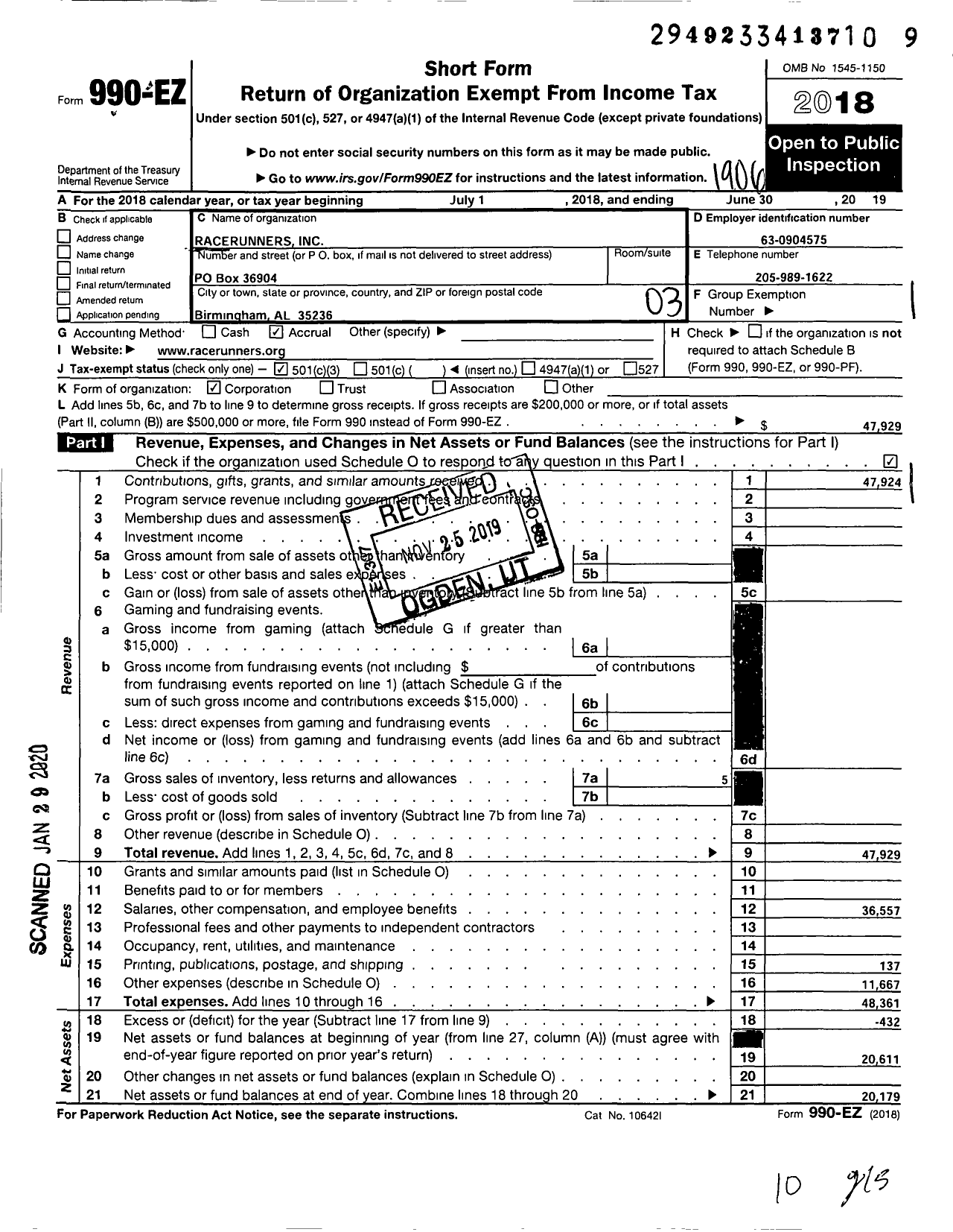 Image of first page of 2018 Form 990EZ for Racerunners