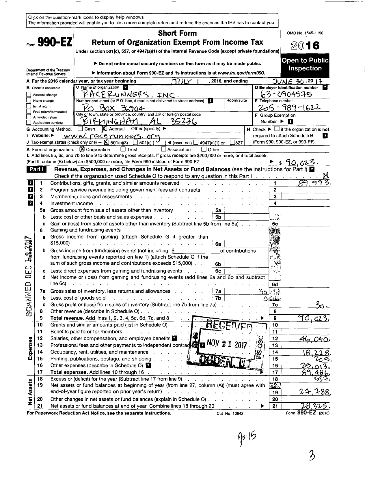 Image of first page of 2016 Form 990EZ for Racerunners