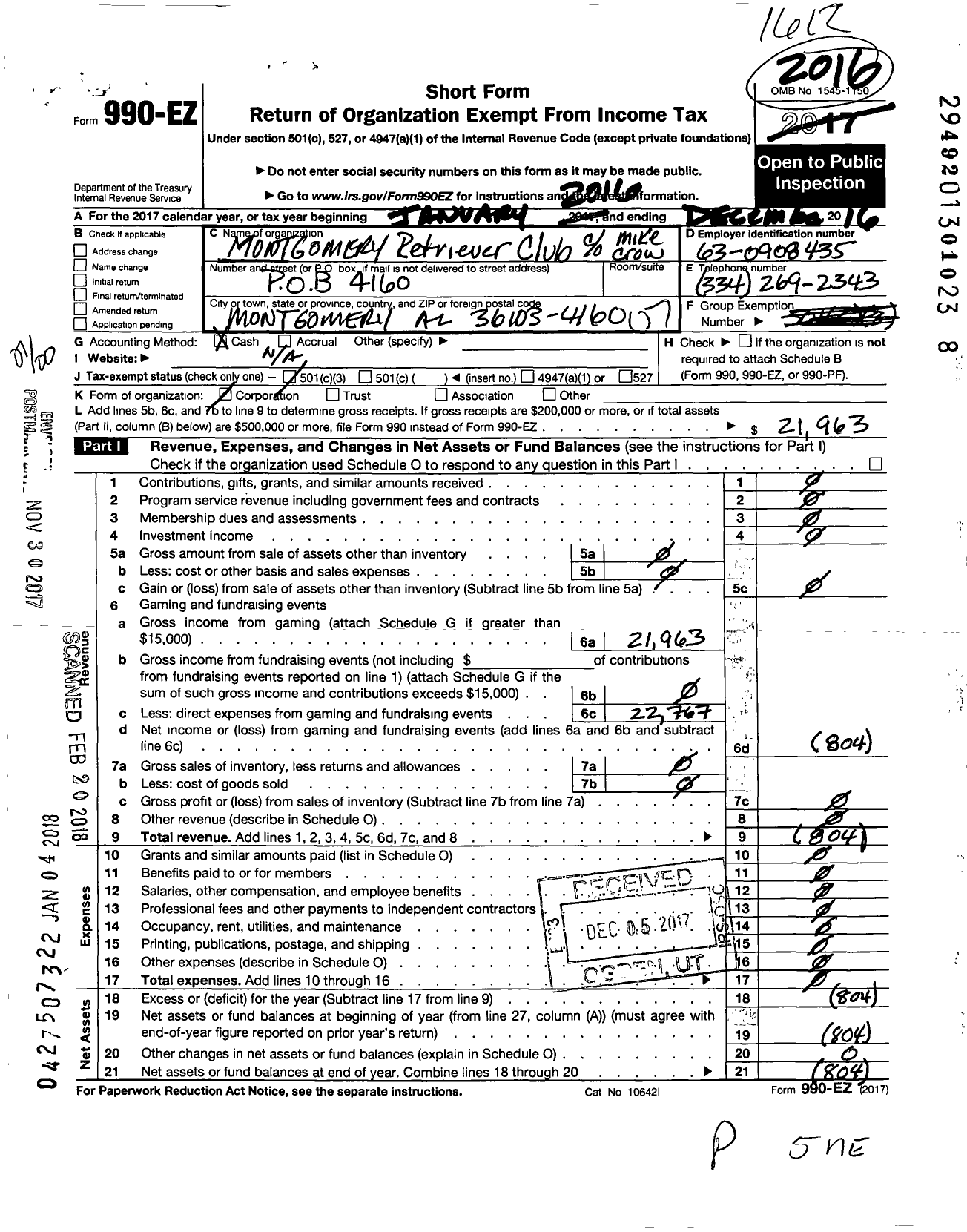 Image of first page of 2016 Form 990EO for Montgomery Retriver Club