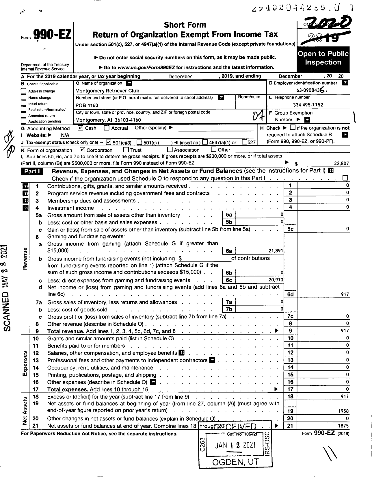 Image of first page of 2020 Form 990EO for Montgomery Retriver Club