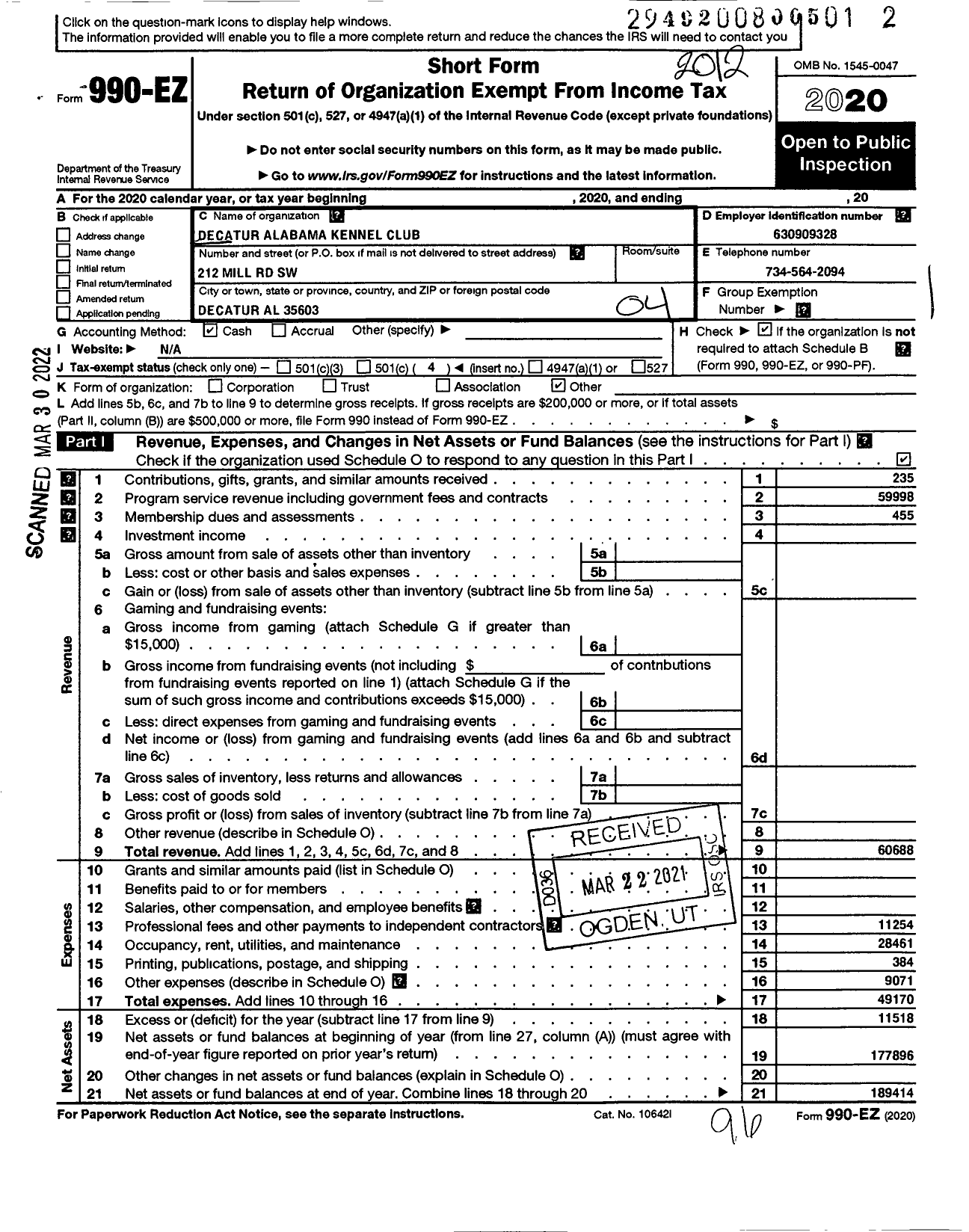 Image of first page of 2020 Form 990EO for Decatur Alabama Kennel Club