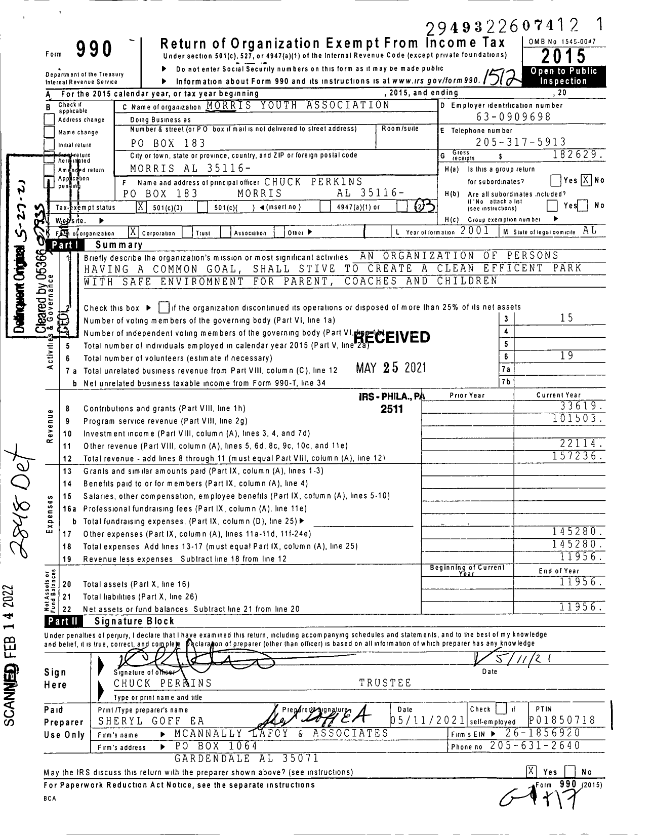 Image of first page of 2015 Form 990 for Morris Youth Athletic Association