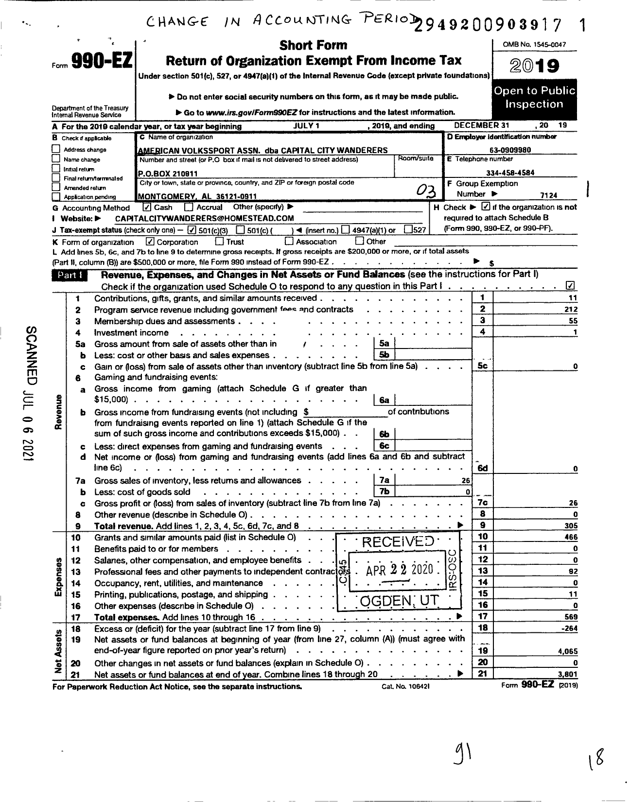 Image of first page of 2019 Form 990EZ for American Volkssport Association - 261 Capital City Wanderers