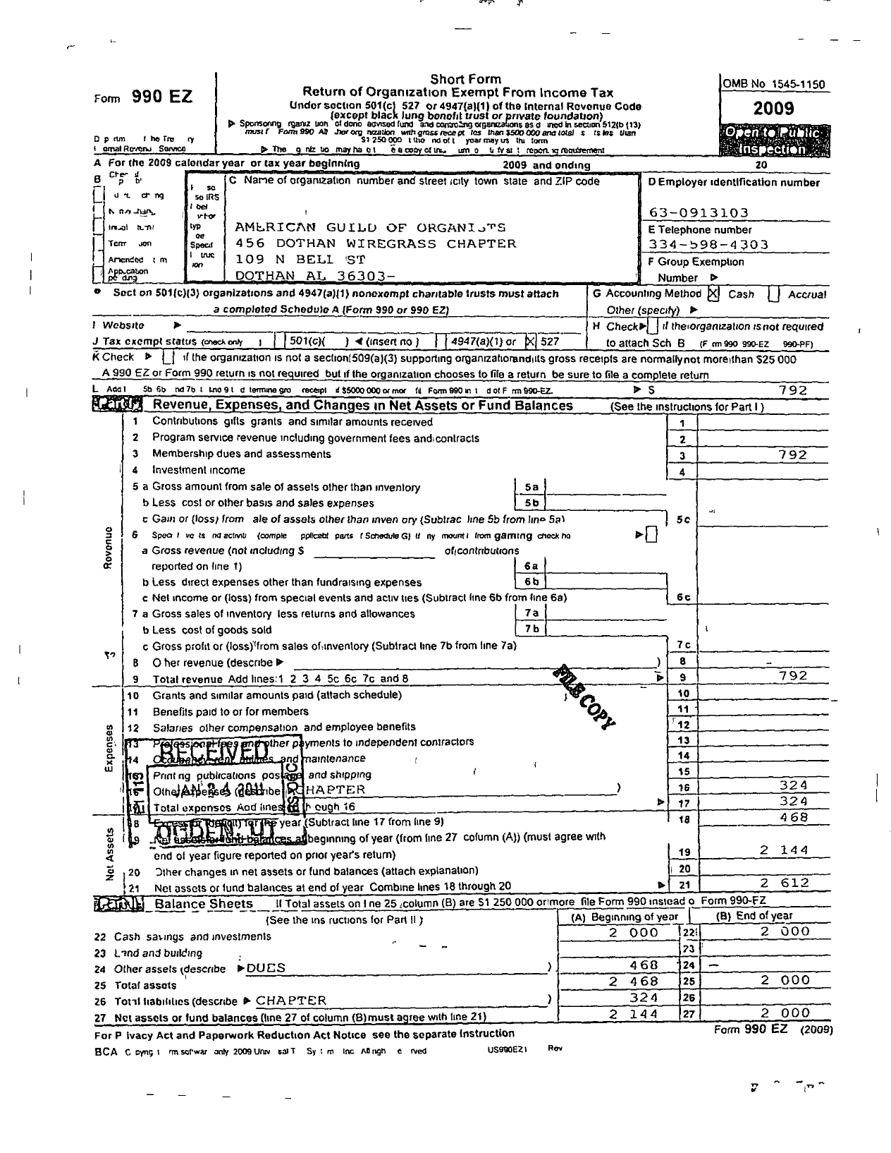 Image of first page of 2009 Form 990ER for American Guild of Organists - 456 Dothan-Wiregrass Chapter