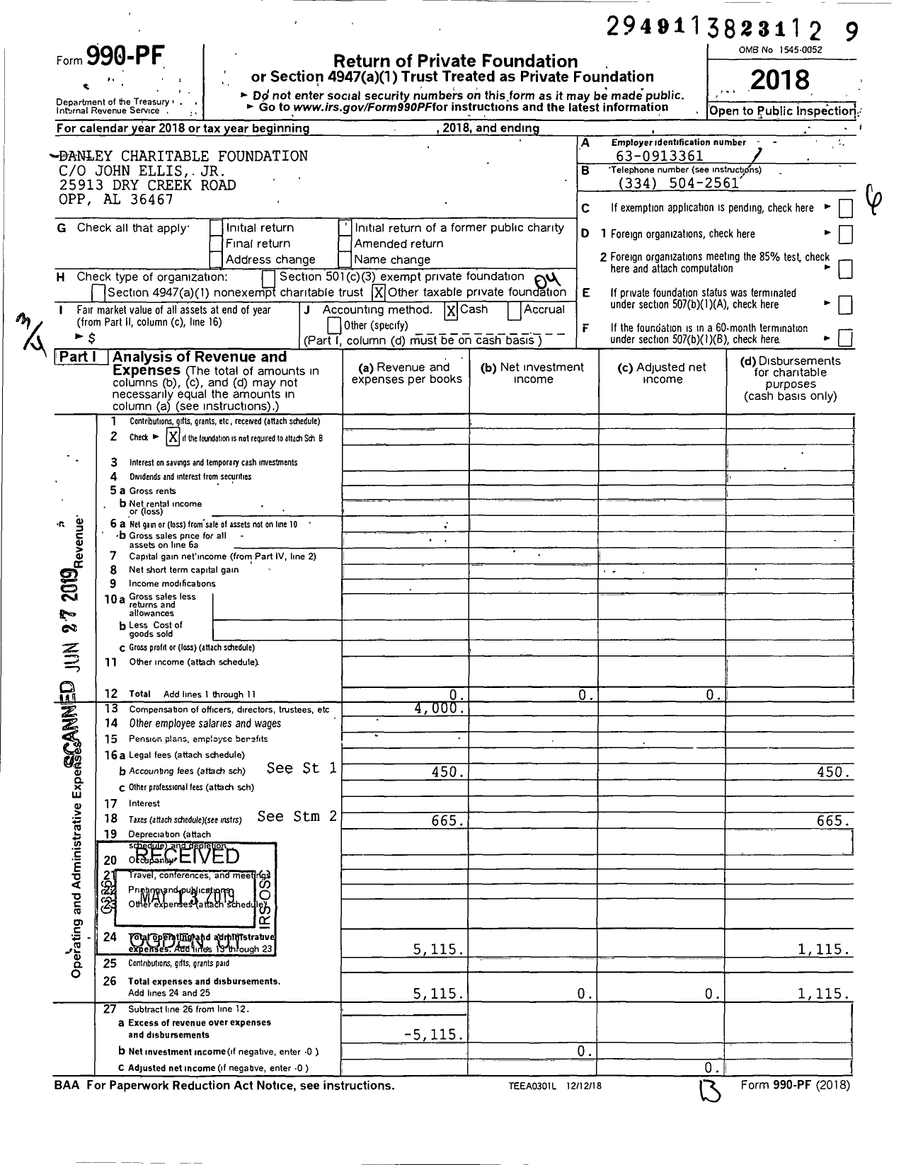 Image of first page of 2018 Form 990PF for Danley Charitable Foundation