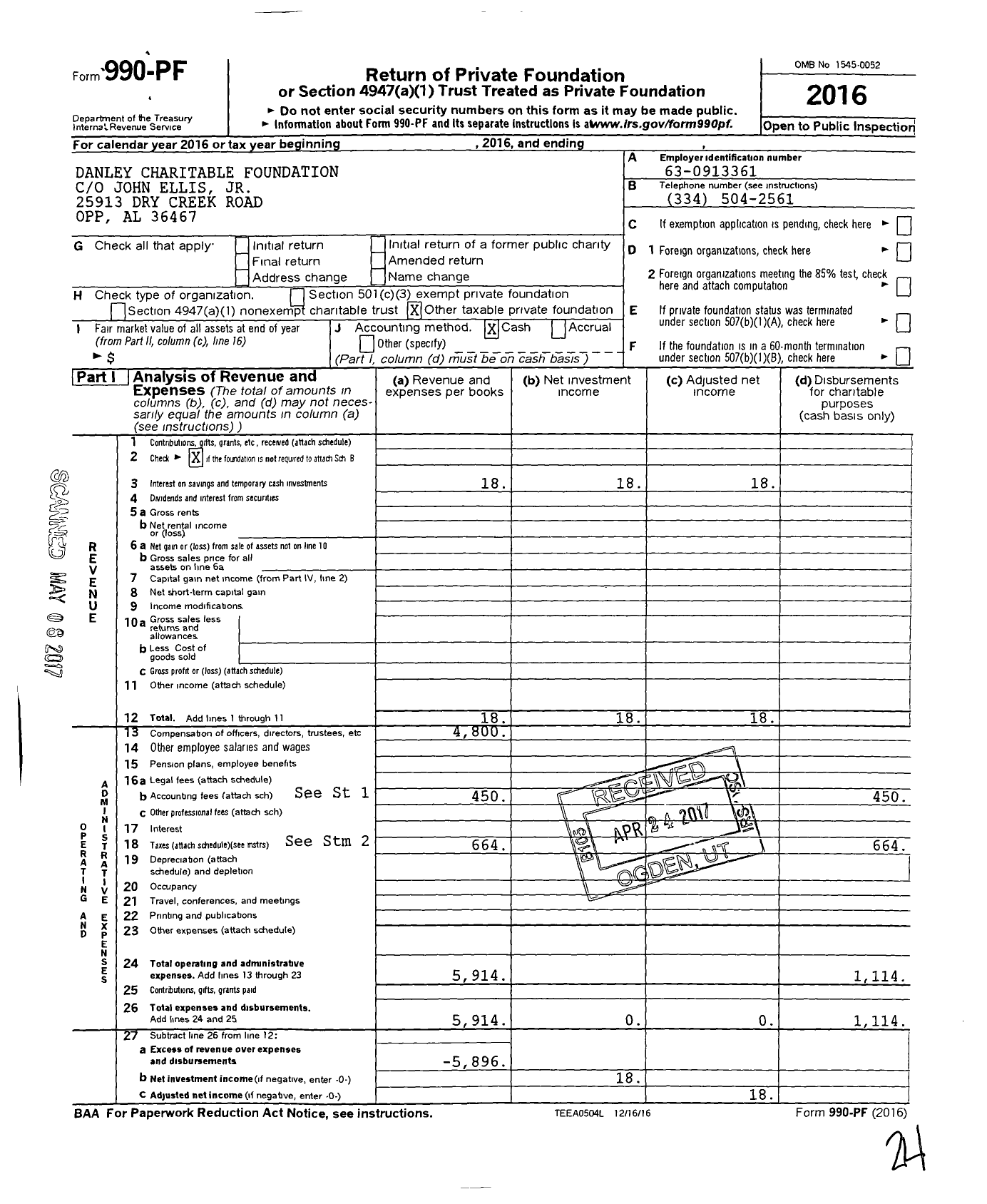 Image of first page of 2016 Form 990PF for Danley Charitable Foundation