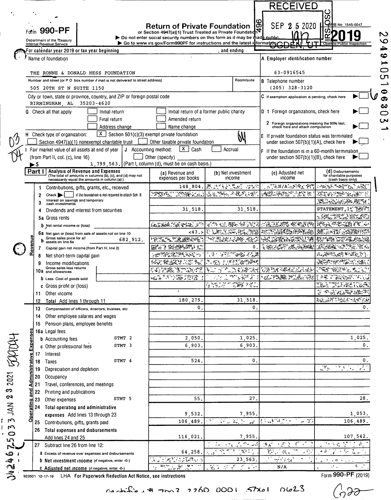 Image of first page of 2019 Form 990PF for The Ronne and Donald Hess Foundation