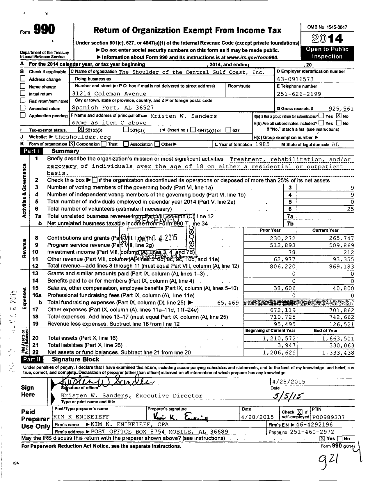 Image of first page of 2014 Form 990 for Shoulder Central Gulf Coast