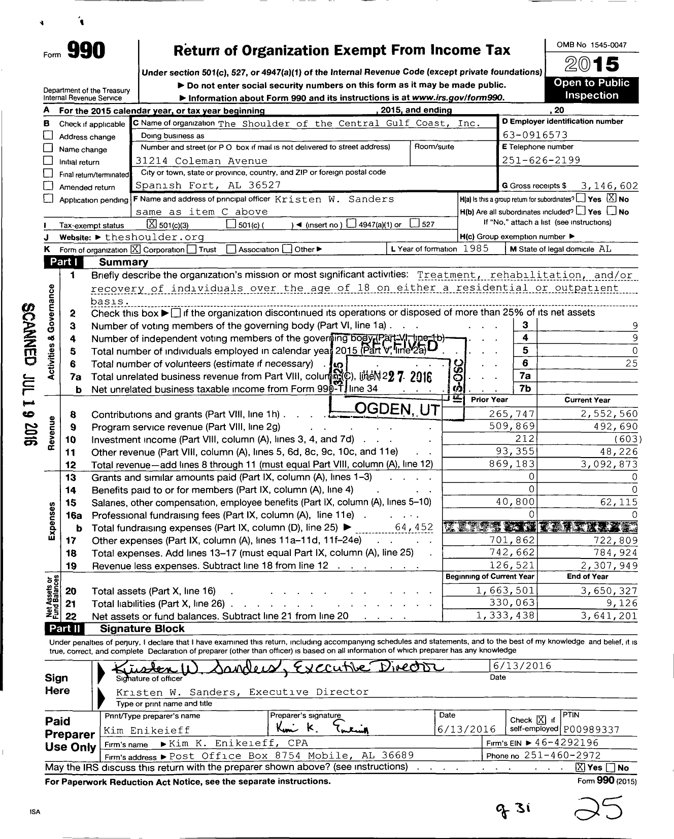 Image of first page of 2015 Form 990 for Shoulder Central Gulf Coast